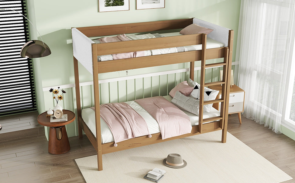 Twin Over Twin Bunk Bed with Upholstered Teddy Fleece Headboard and Footboard