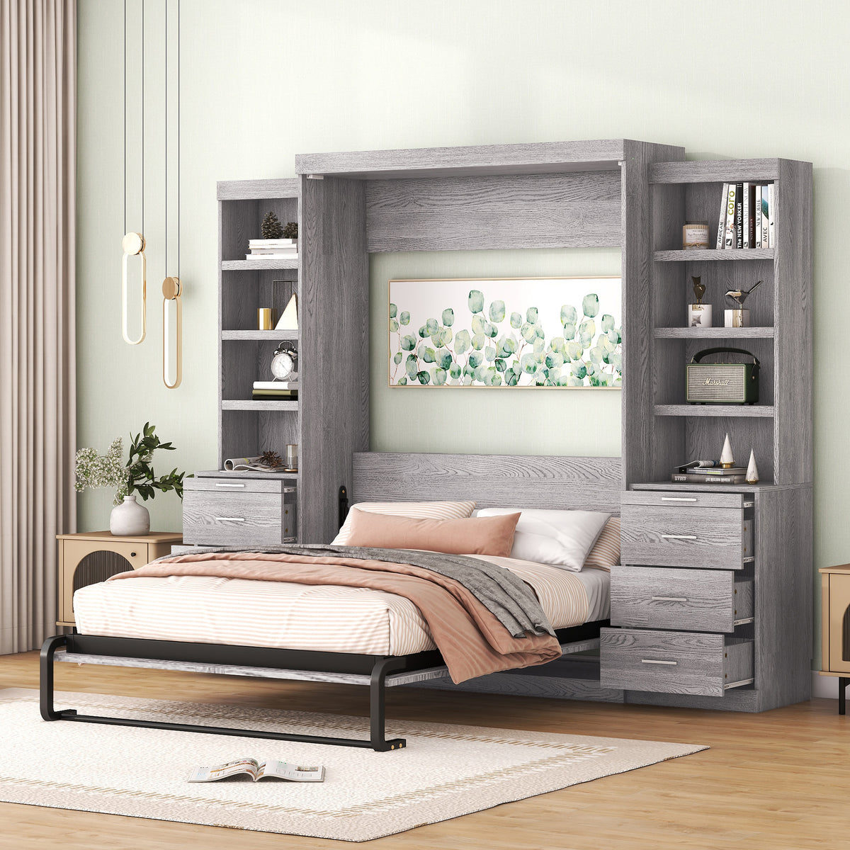 Full Size Murphy Bed with Storage Shelves and Drawers In Gray