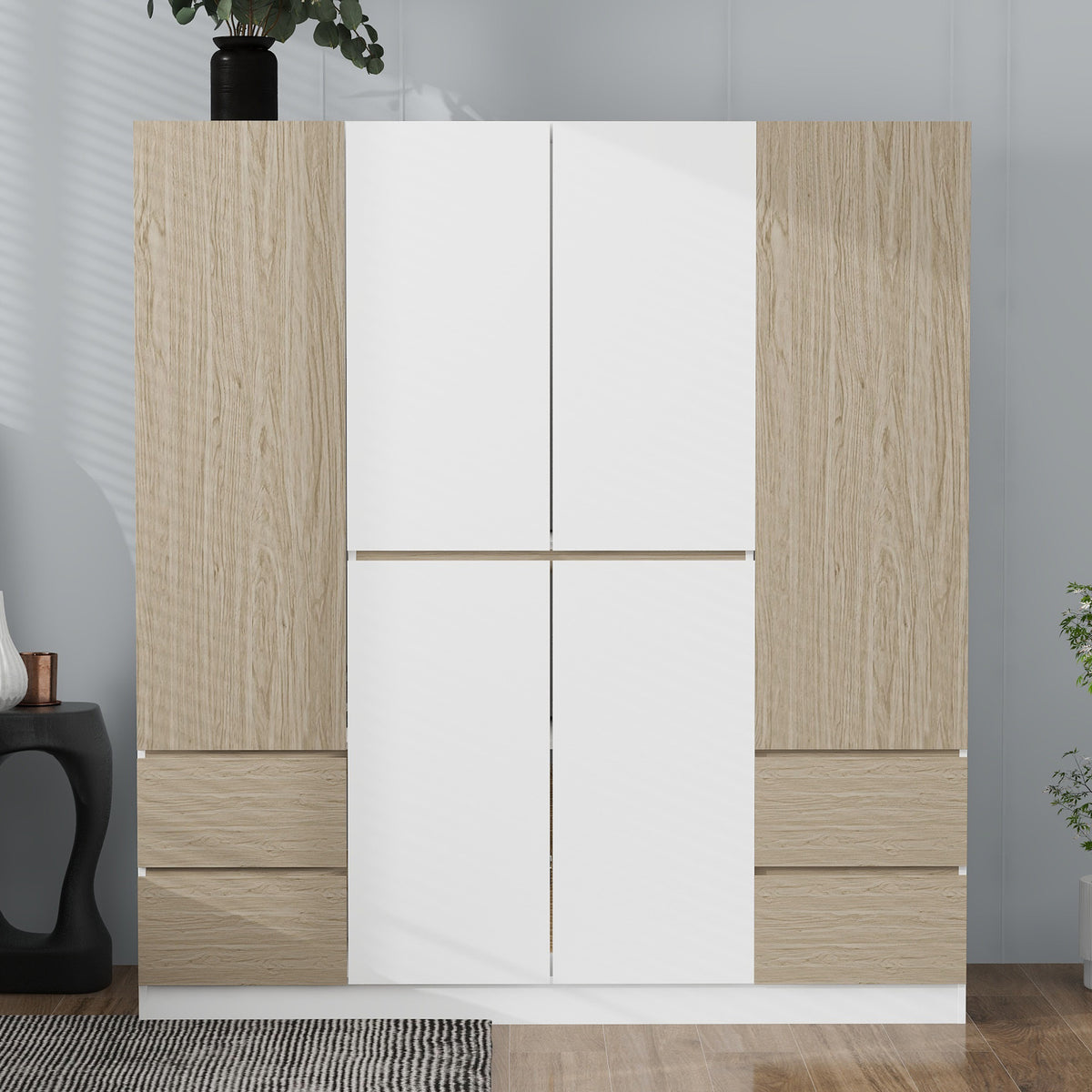 6-Doors Wooden Wardrobe Storage for Bedroom with 4 Drawers In White and Natural