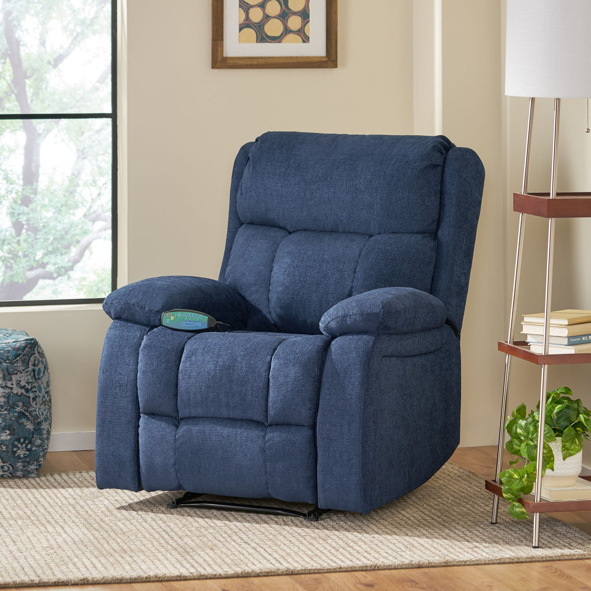 Navy Blue Fabric Heat &amp; Massage Recliner