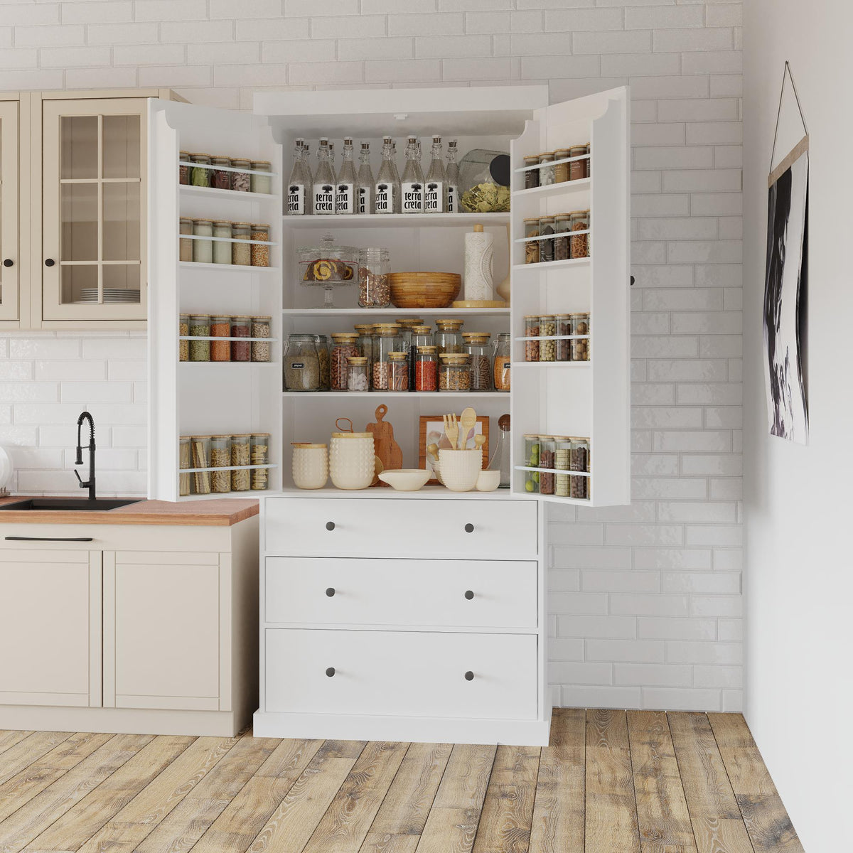 Tall Farmhouse Kitchen Pantry with 3 Adjustable Shelves and 8 Door Shelves Freestanding Storage Cabinet In White