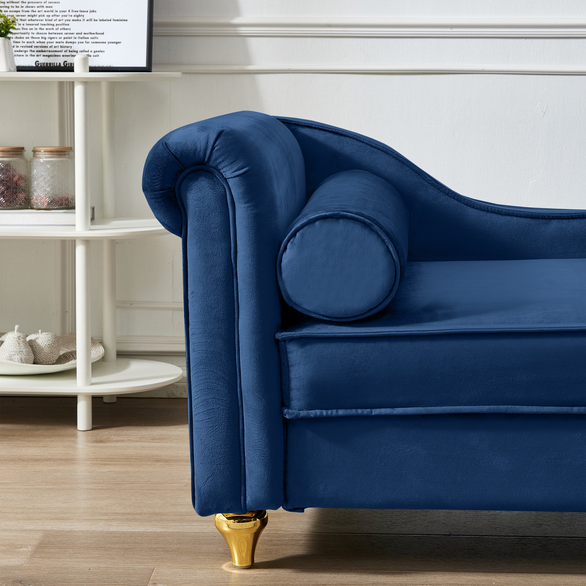 Navy Blue Velvet Chaise Lounge With Storage Compartment