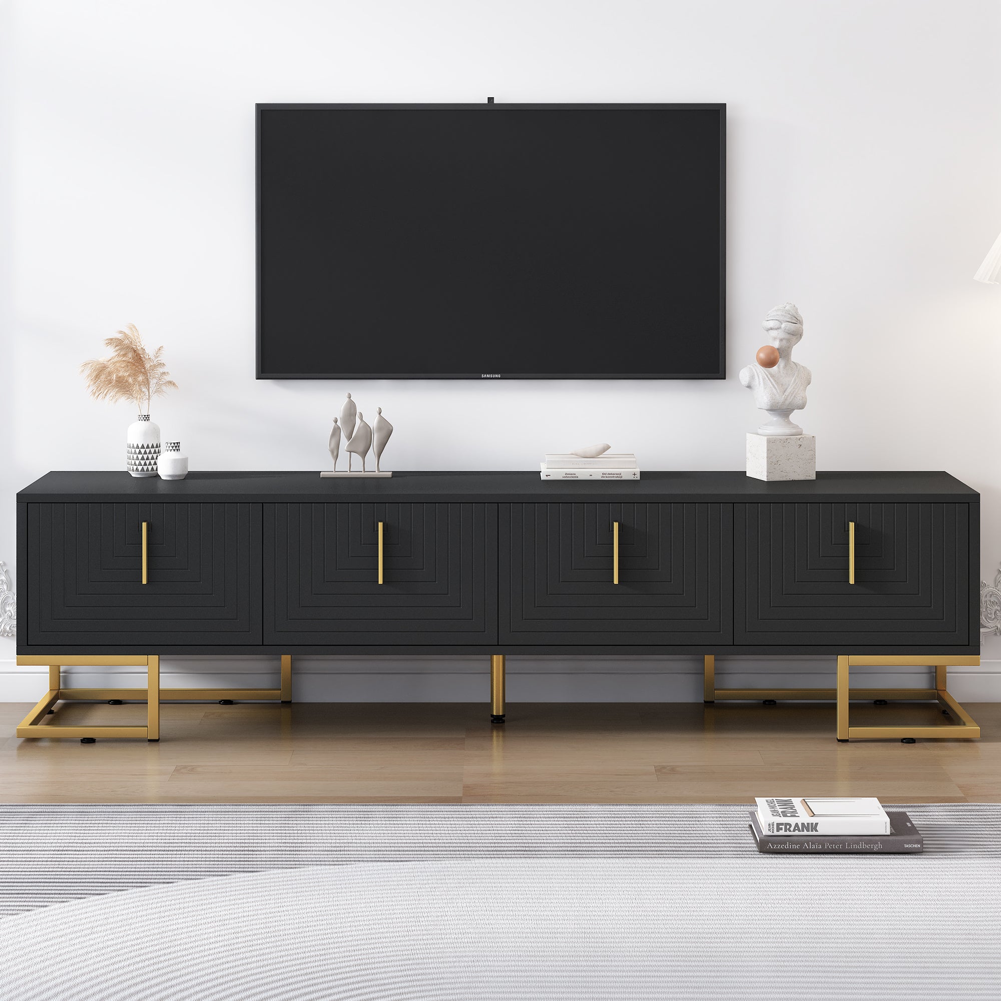 Modern TV Stand with Metal Legs and Gold Handles for TVs Up to 80 Inch Media Console with Adjustable Shelves In Black