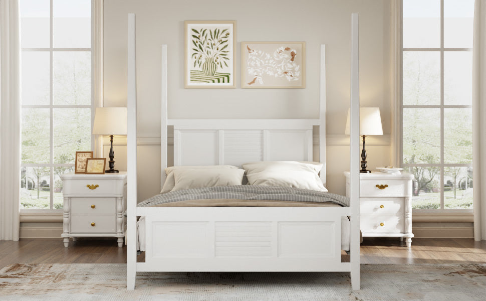 Traditional Queen Size Solid Wood Four Poster Bed in White