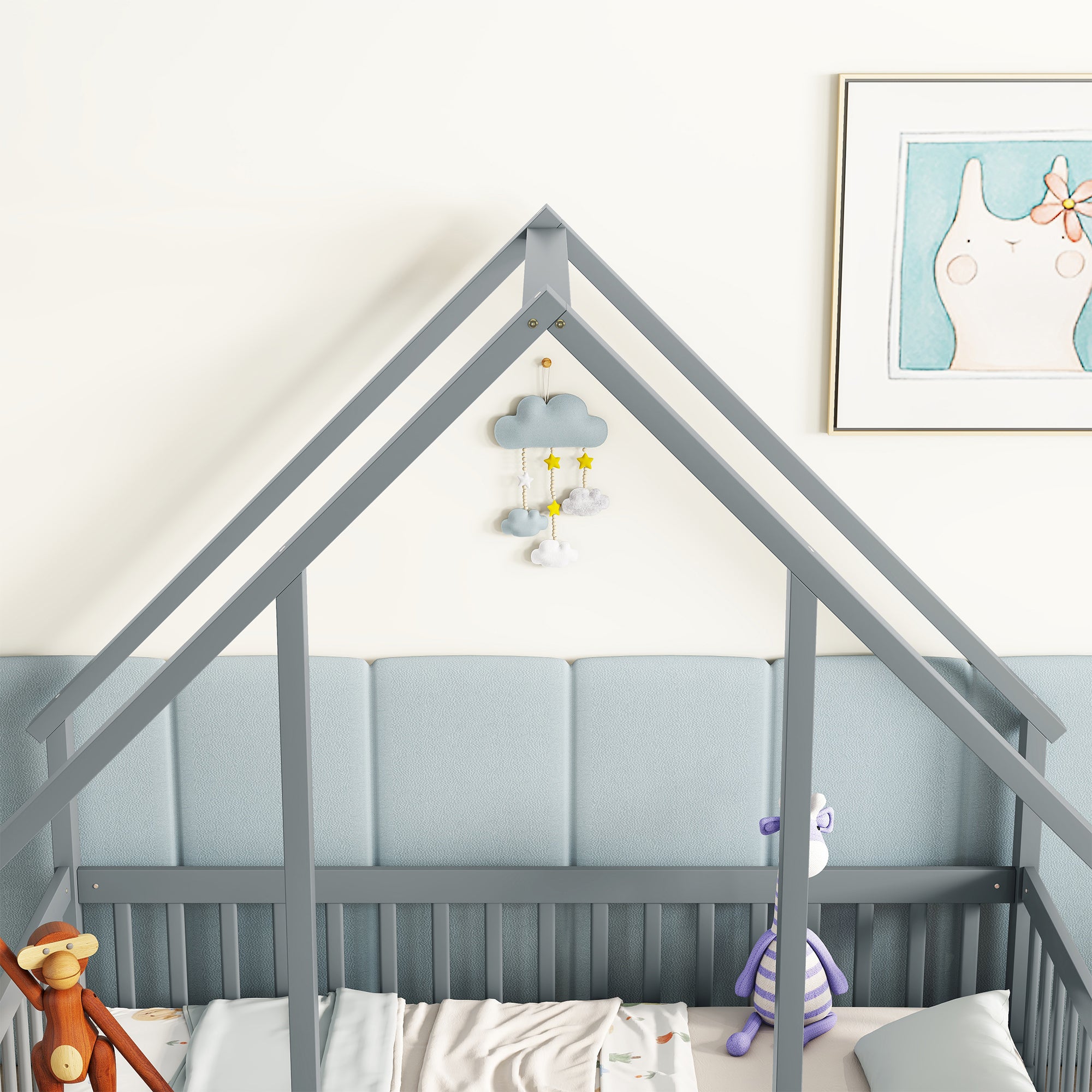 Twin Wood House-Shaped Toddler Floor Bed with Fence & Guardrails in Gray