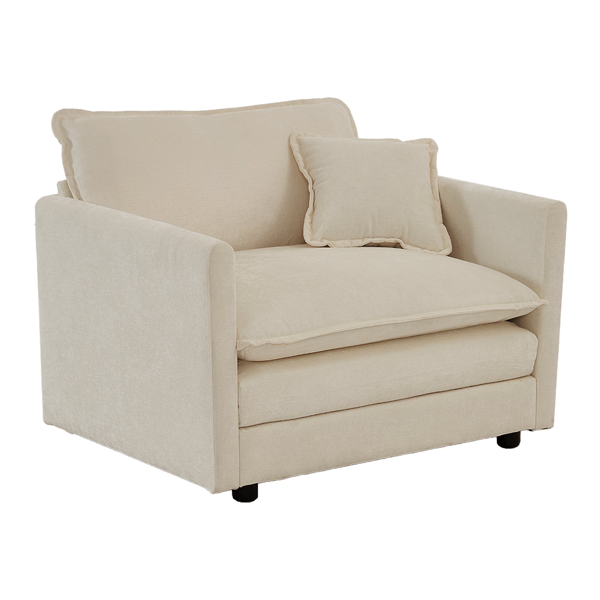 Comfy Beige Chenille Upholstered Deep Single Seat Sofa Armchair with Toss Pillow