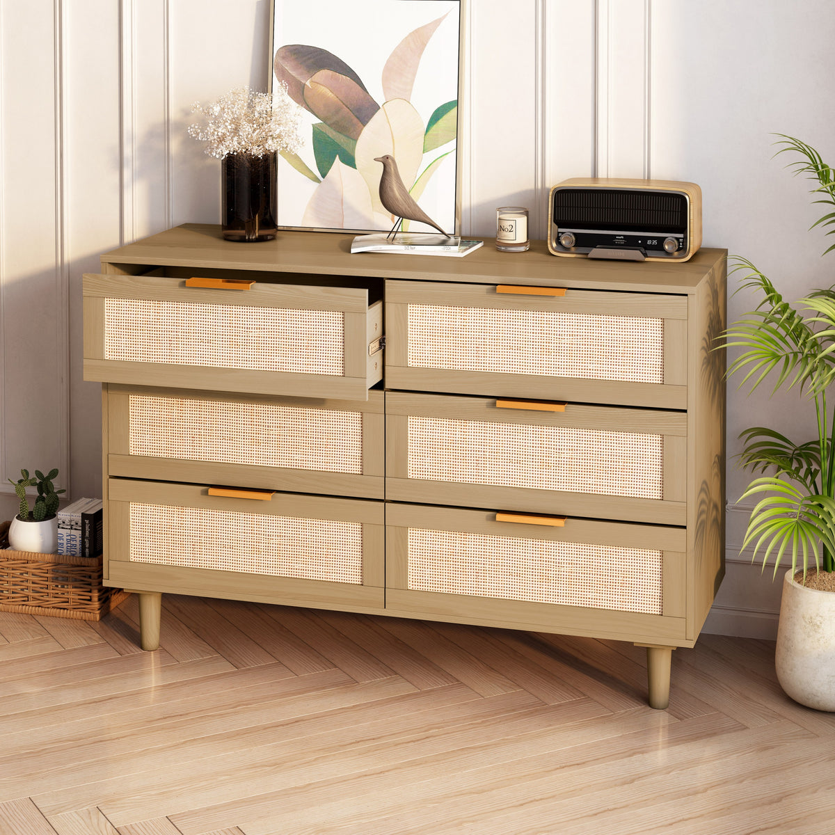 6 Drawers Rattan Dresser With Smooth Drawers For Bedroom And Living Room In Oak
