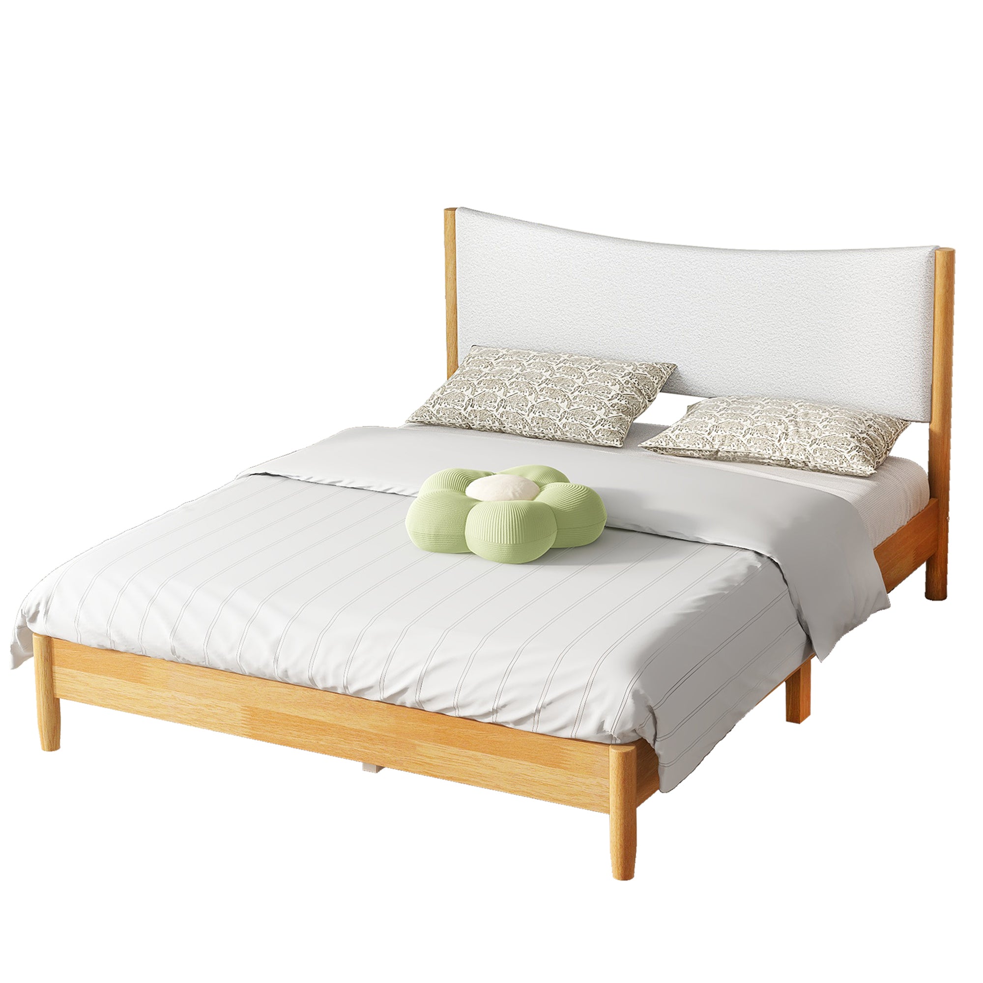 Beech White Queen Size Bed with Teddy Velvet Cushion Upholstered Headboard