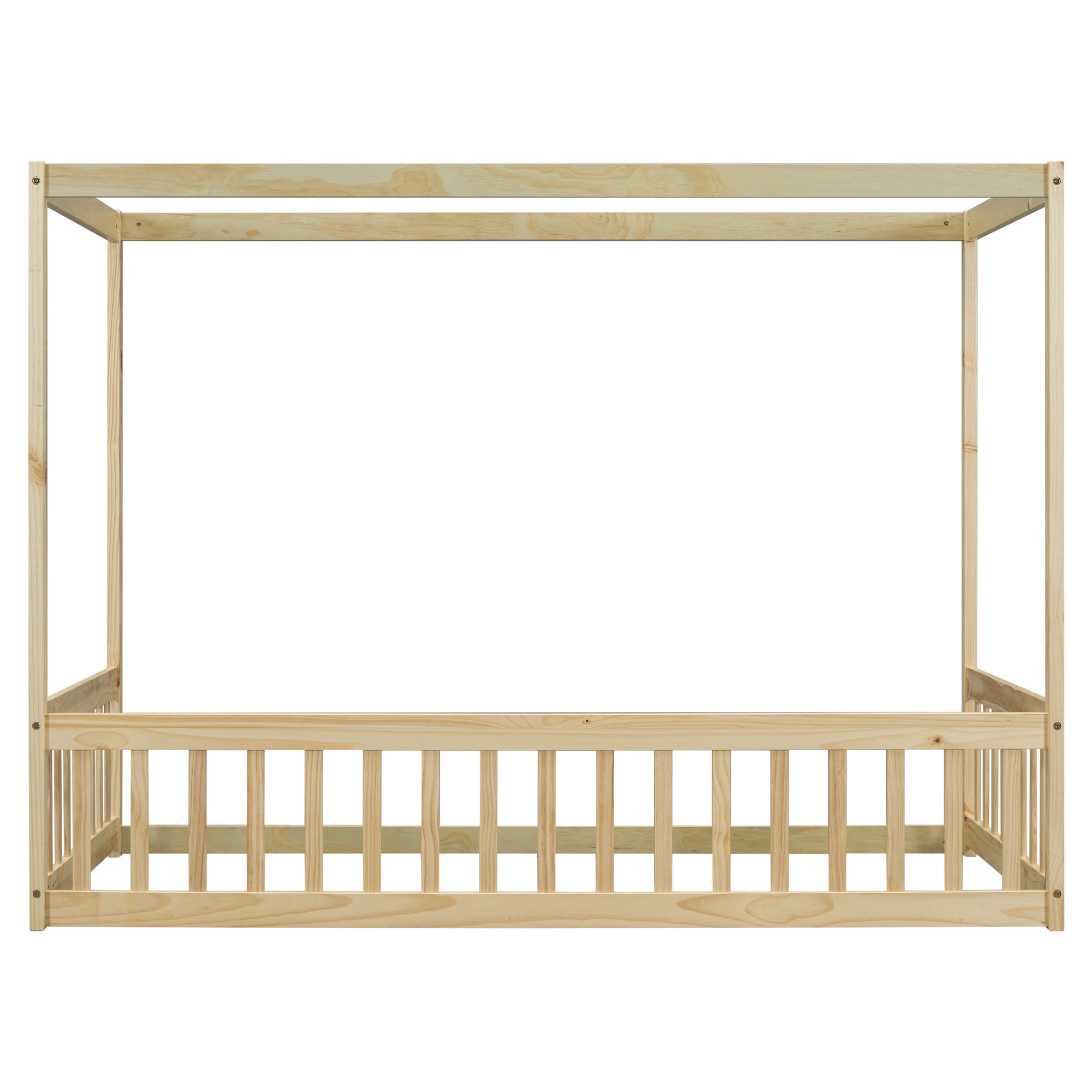 Natural Tone Twin Size Canopy Frame Floor Bed with Guardrails