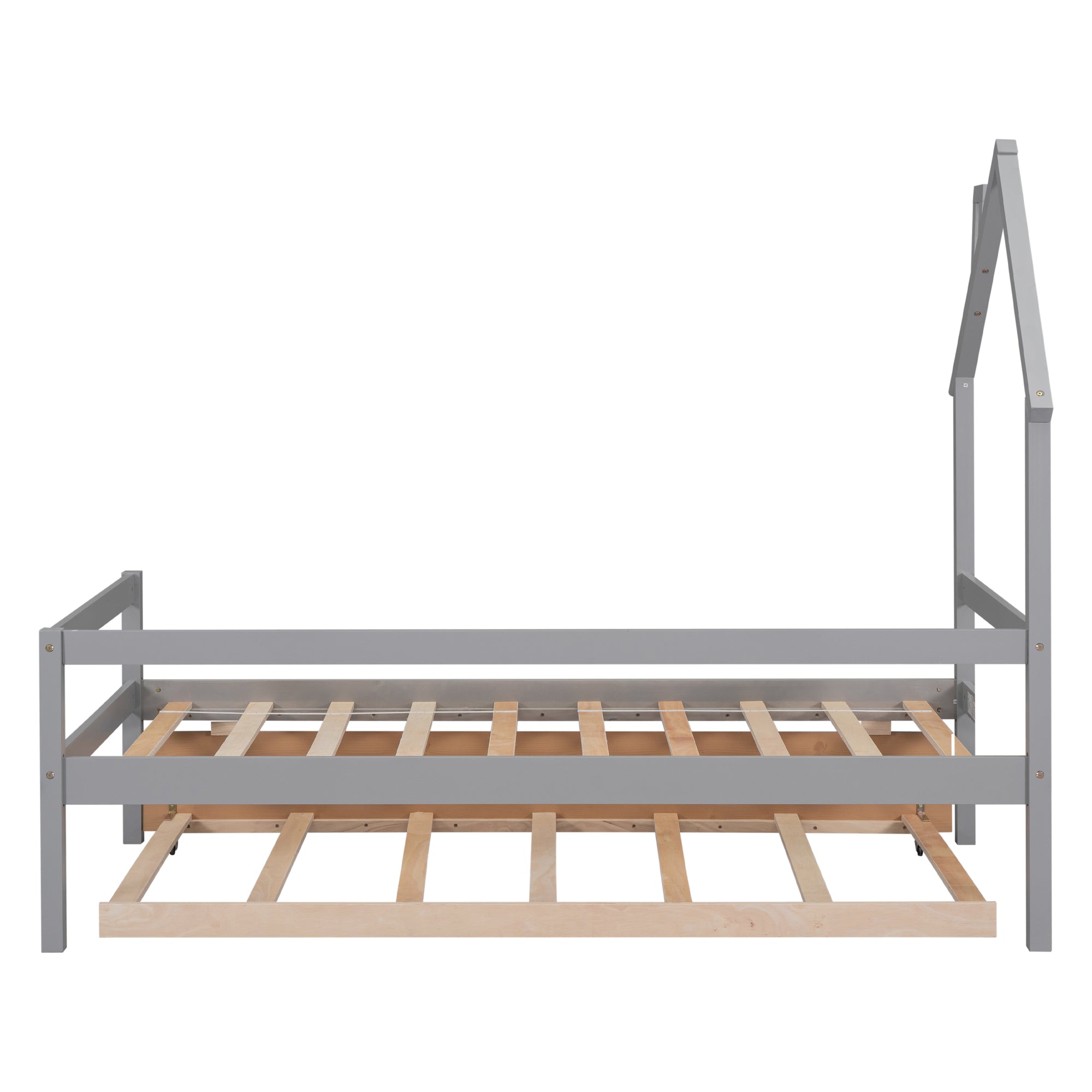 Twin House Wooden Daybed with Trundle and Guardrails in Gray