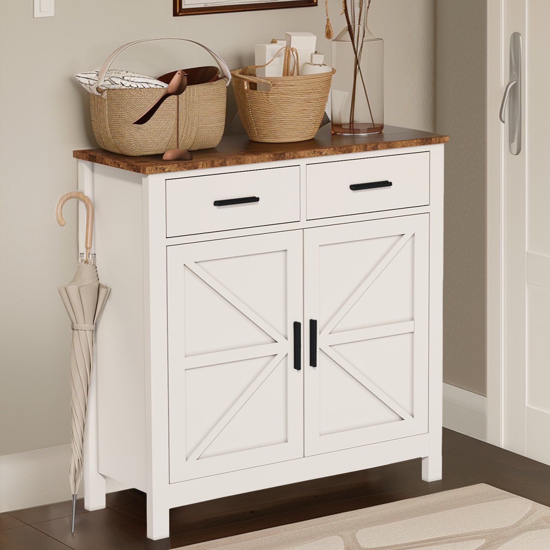 Modern Farmhouse Kitchen Storage Cabinet with 2 Drawers and 2 Doors In White