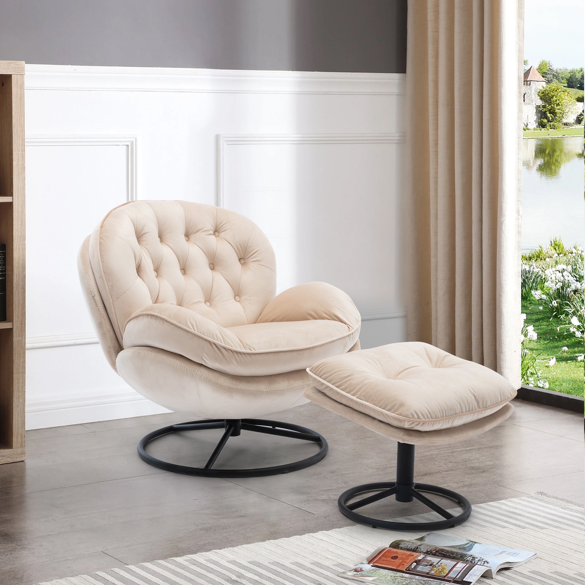 Beige Velvet Accent Chair with Ottoman and Metal Frame