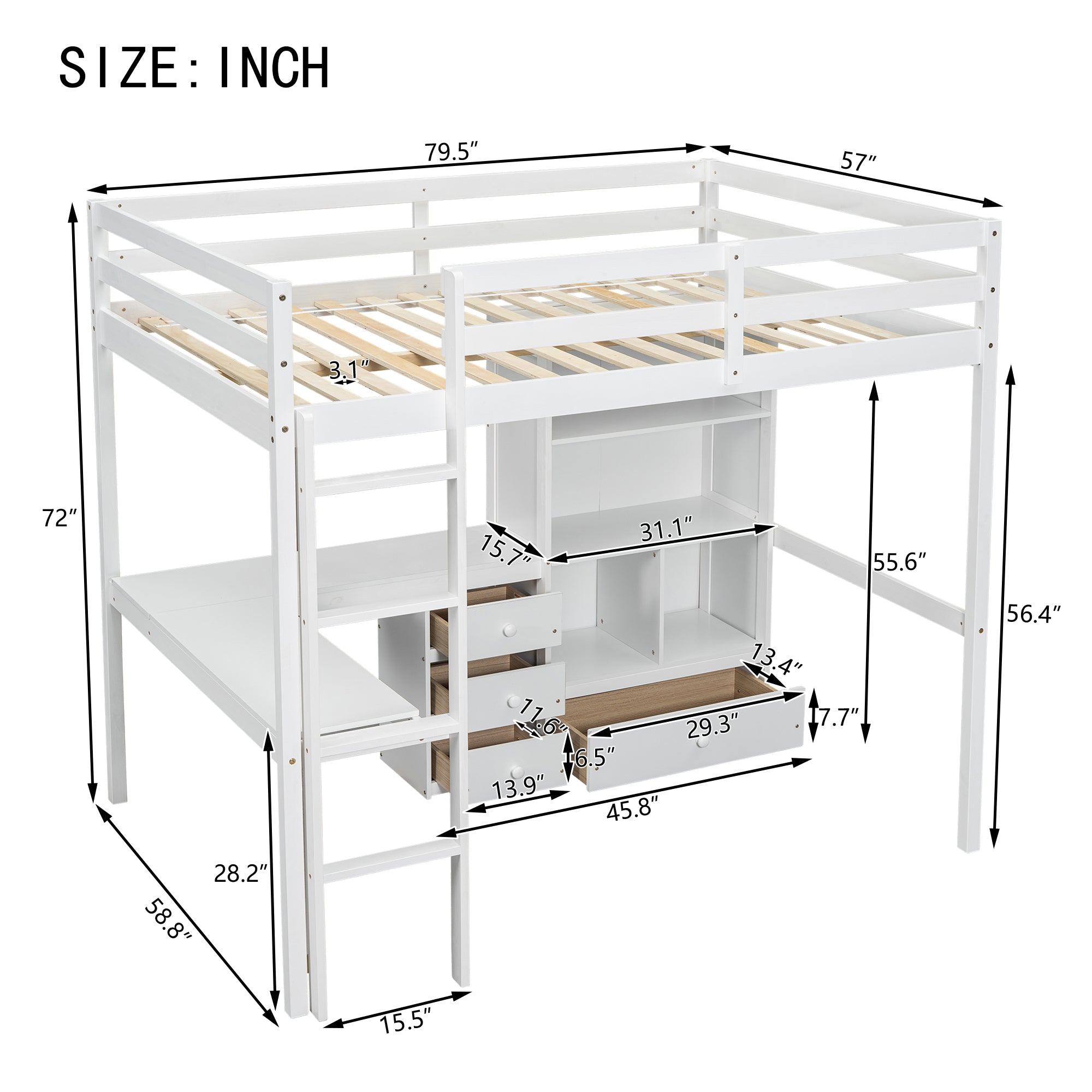 White Full Size Loft Bed with Desk, Storage Shelves, Drawers, and Built-in Ladder