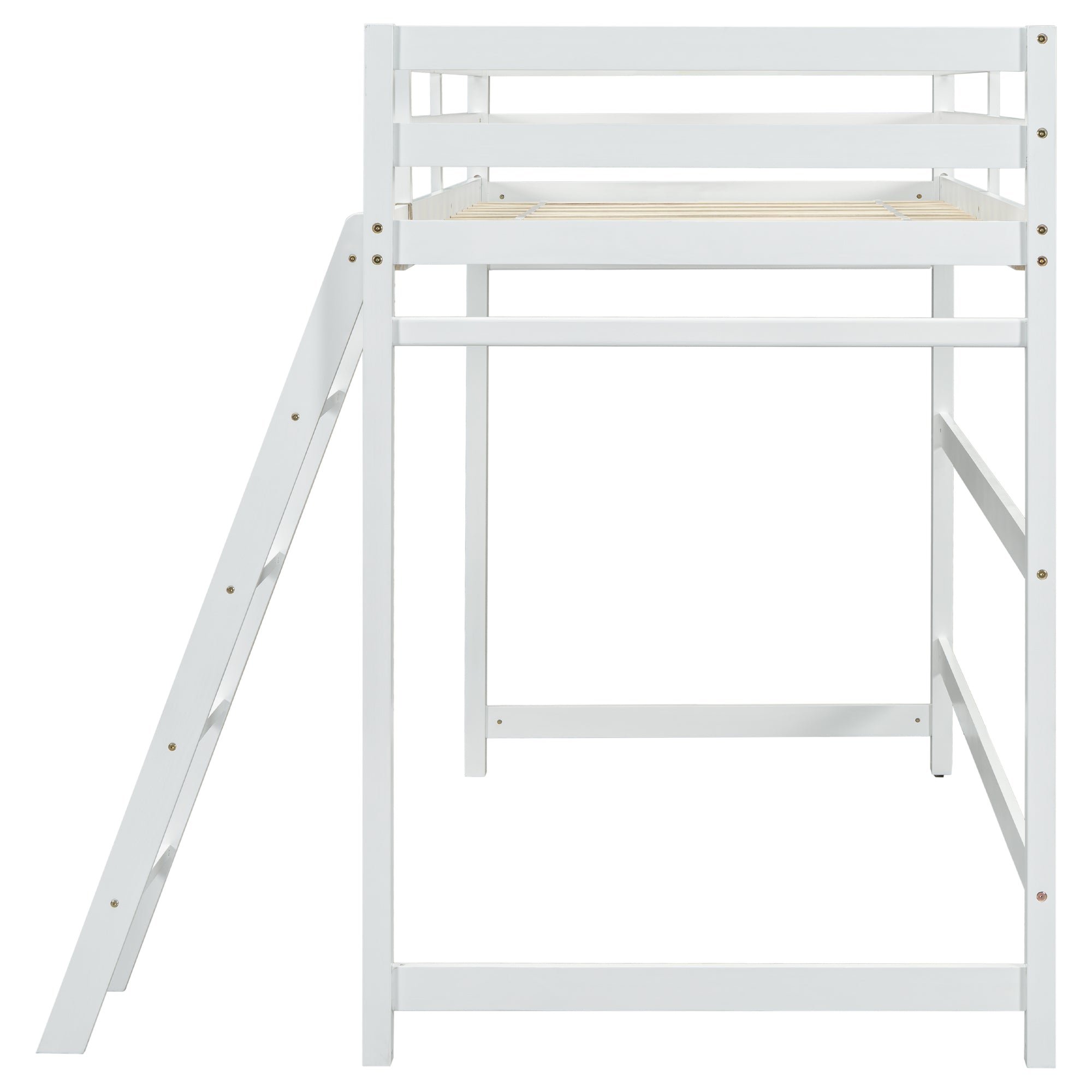 White Twin Size High Loft Bed with Inclined Ladder and Guardrails