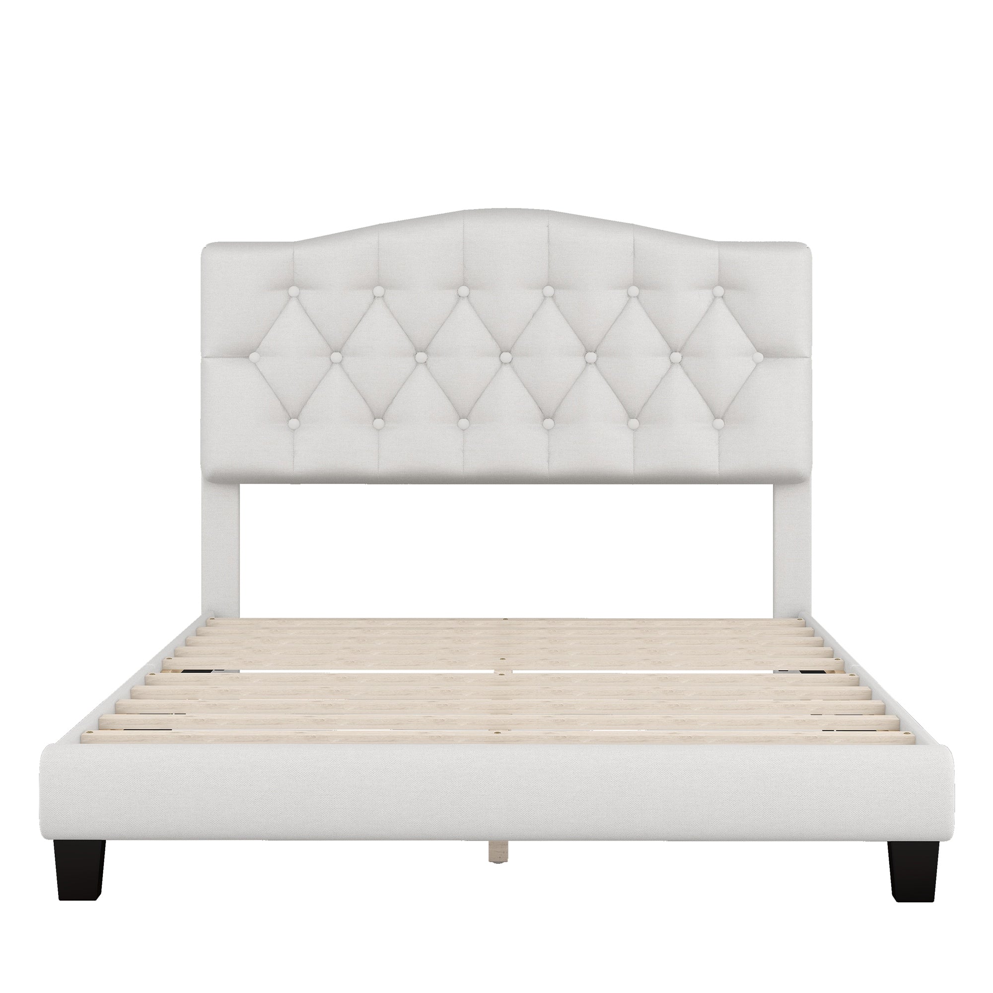 Upholstered Platform Bed with Saddle Curved Headboard and Diamond Tufted Details in Beige