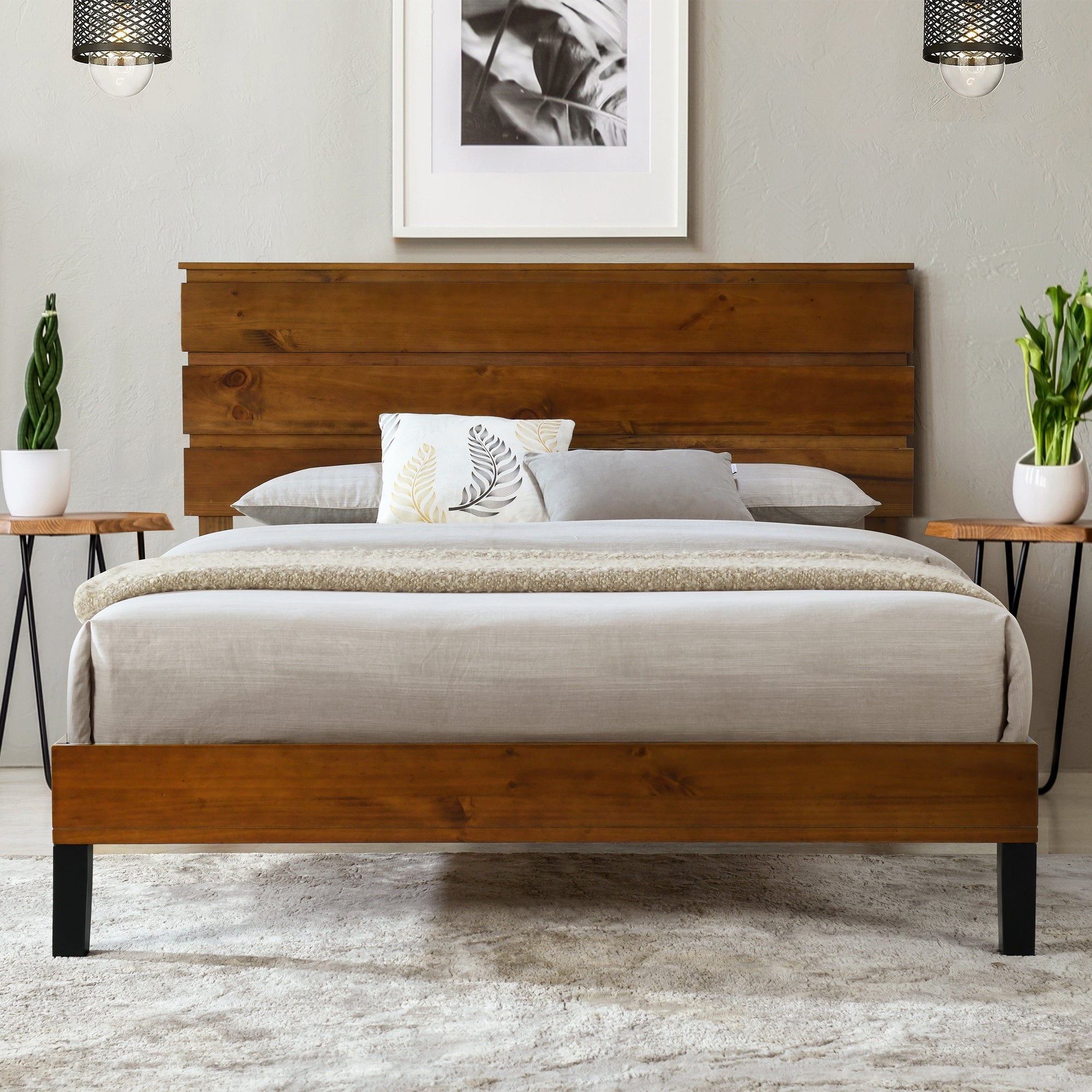 Queen Size Mid-Century Modern Solid Pinewood Bed Frame