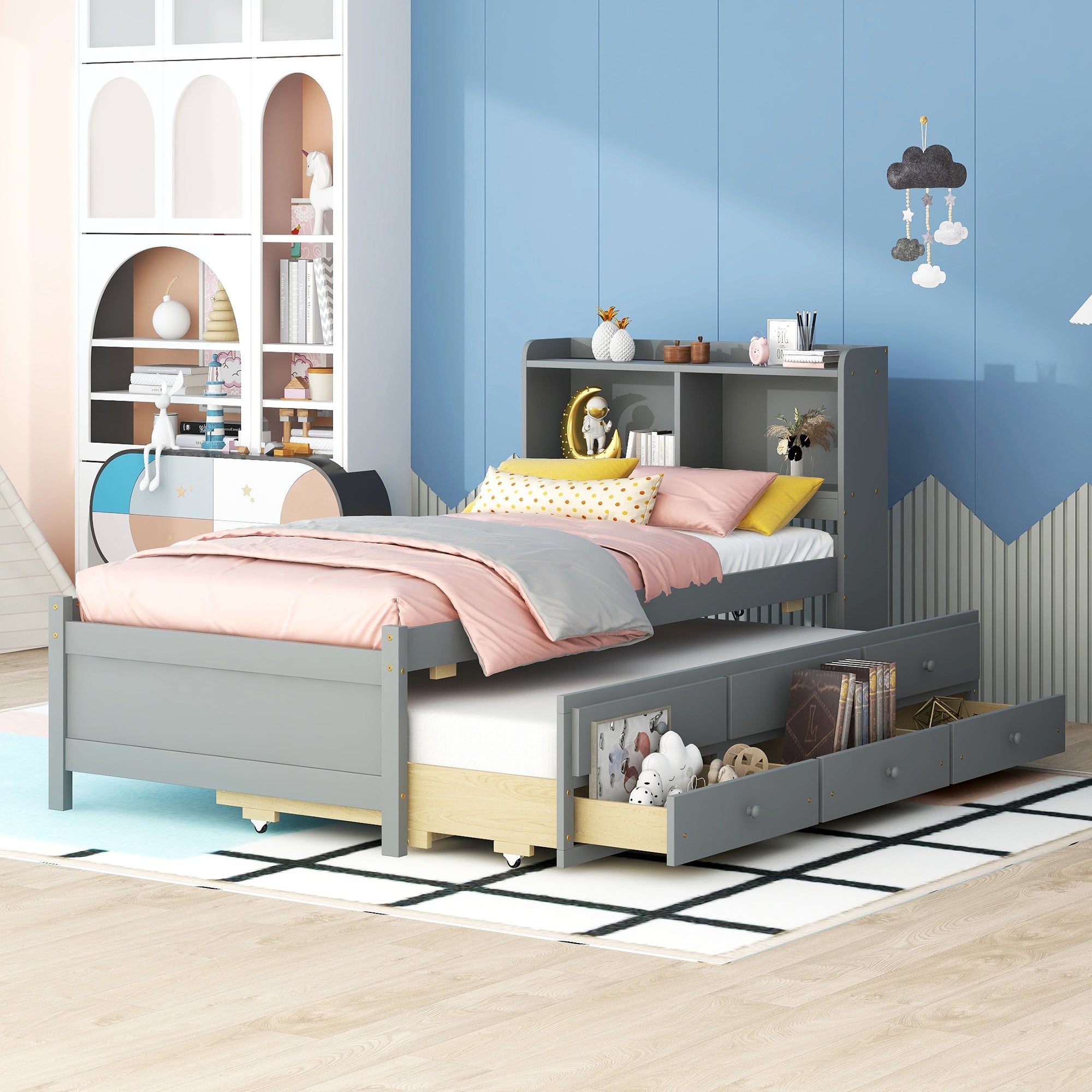 Gray Twin Bed with Bookcase Headboard, USB & Type-C Ports, LED Light, Trundle, and Drawers