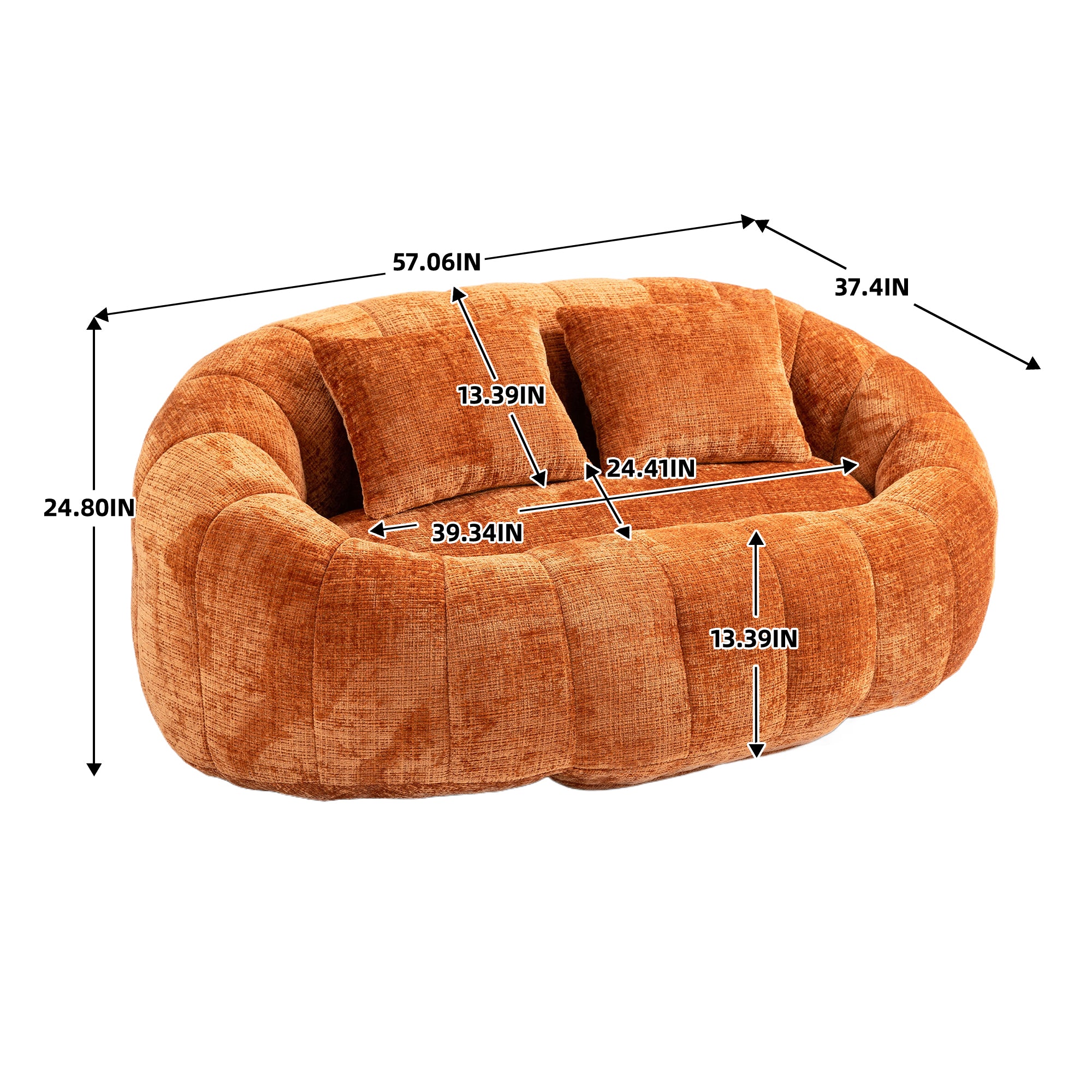 Comfortable High-Back Bean Bag Couch in Orange Chenille