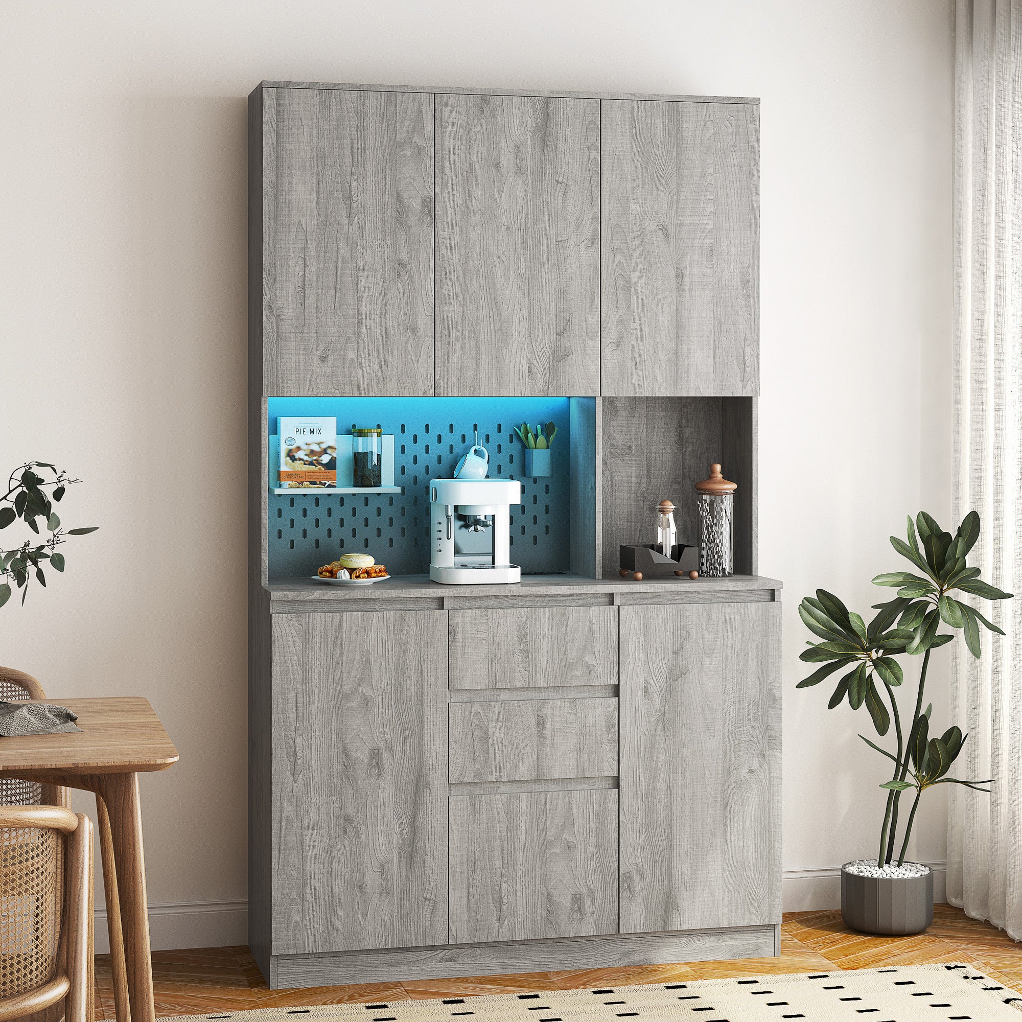 74 Inch Kitchen Pantry Cabinet with Charging Station and LED Lights Freestanding Buffet Sideboard with Drawer In White