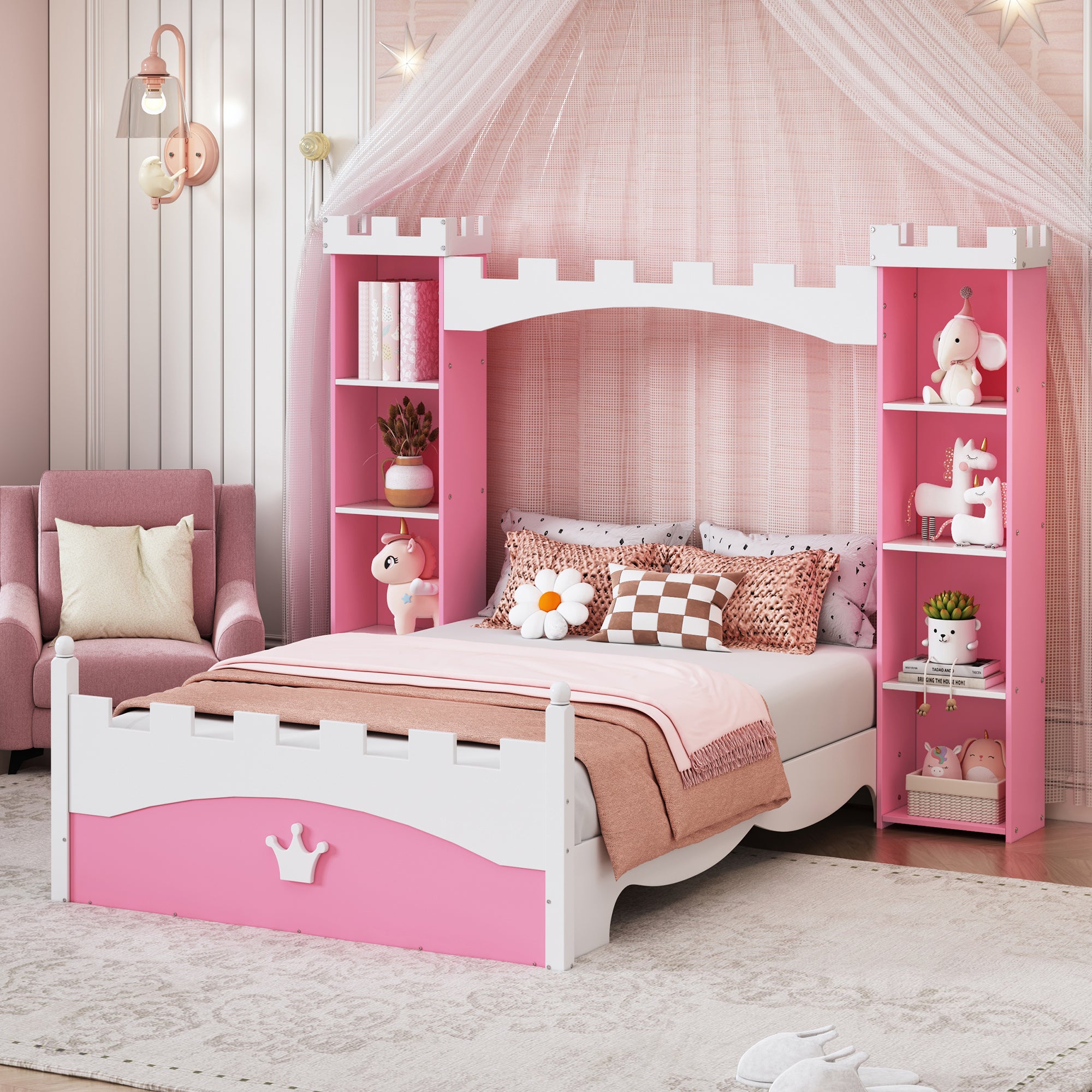 Castle-Shaped Wooden Bed with Storage Shelf for Kids Bedroom in Pink and White