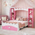 Castle-Shaped Wooden Bed with Storage Shelf for Kids Bedroom in Pink and White