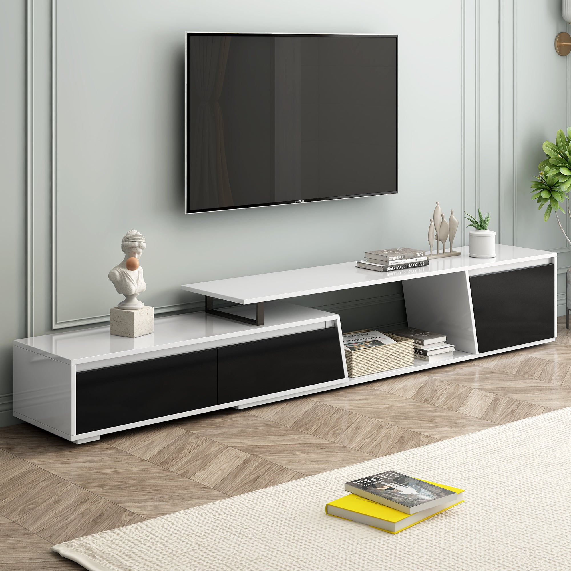 Modern Minimalist Extendable TV Stand with 2 Drawers and Cabinet for Living Room Up to 100 Inches In White