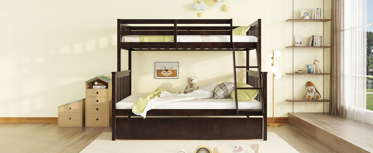 Espresso Twin Over Full Rubber Wood Bunk Bed with Trundle and Detachable Design