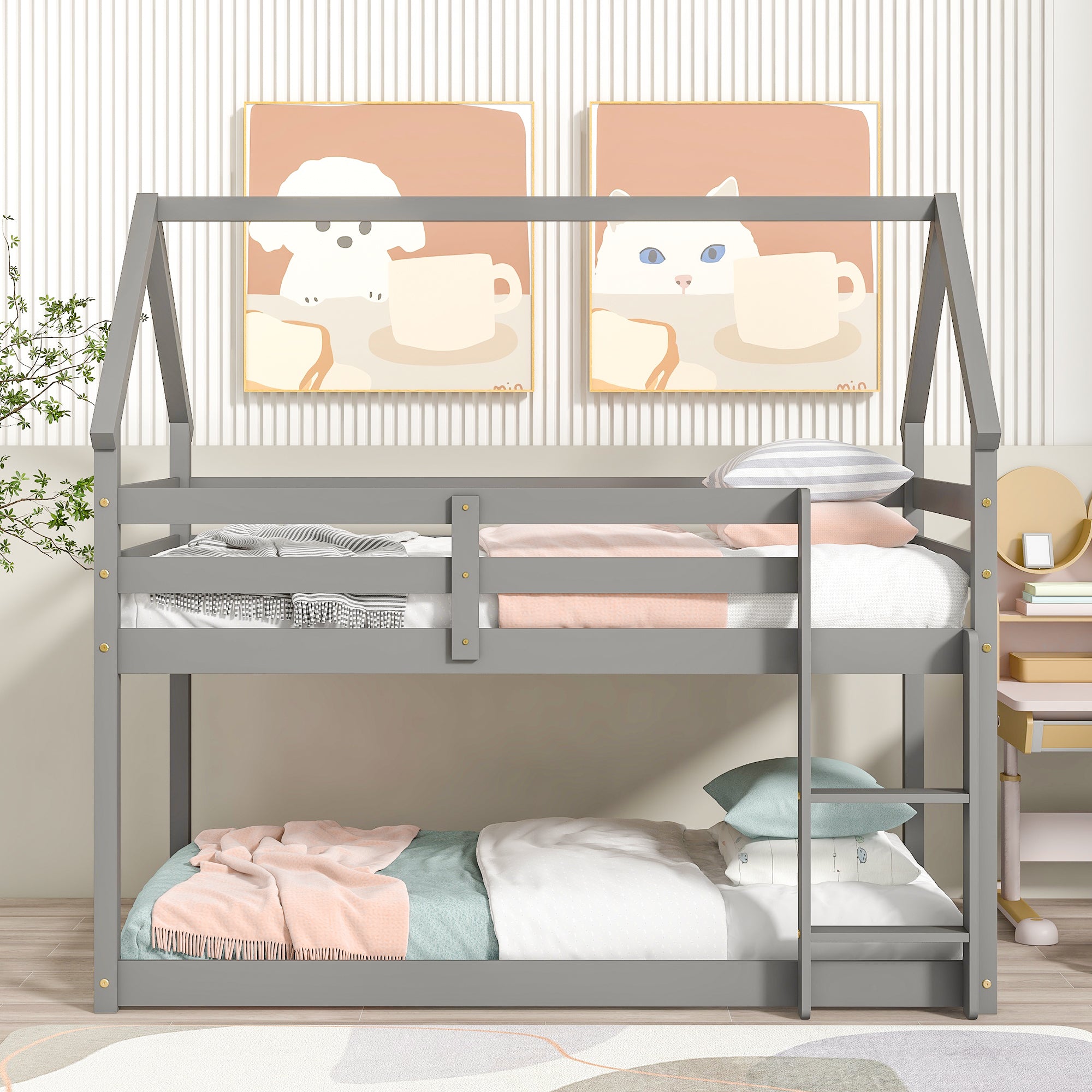 Twin over Twin Bunk Bed with Wood House Roof in Gray