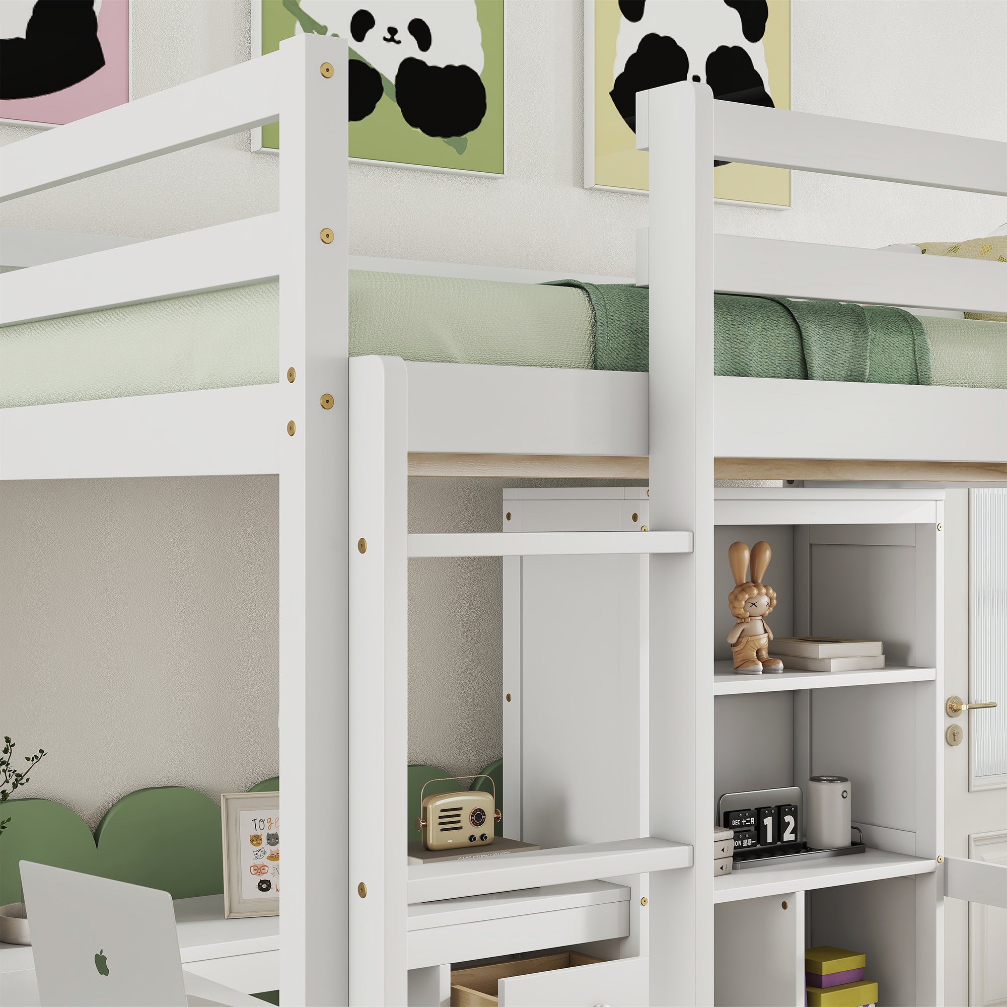 White Full Size Loft Bed with Desk, Storage Shelves, Drawers, and Built-in Ladder