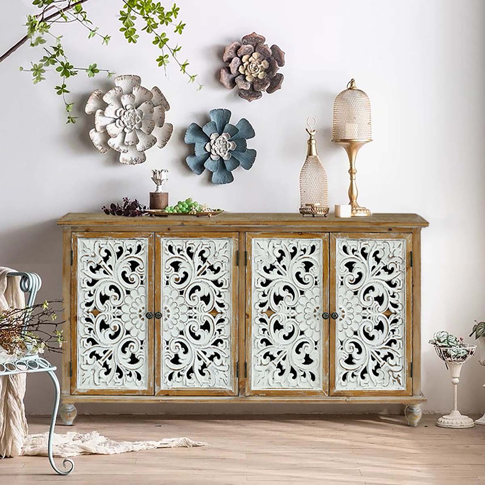 Farmhouse Accent Cabinet with 4 Doors and Storage, Wood Carved Floral Design for Living Room and Dining Room In Antique Natural