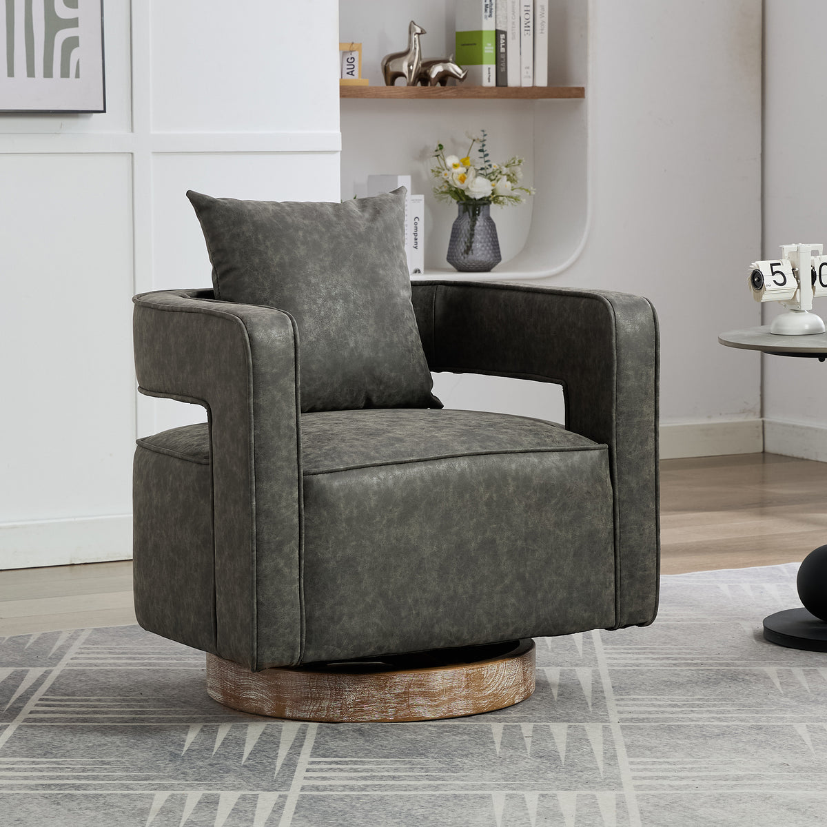 Futuristic Open Back Gray Swivel Accent Chair with Weathered Solid Wood Base