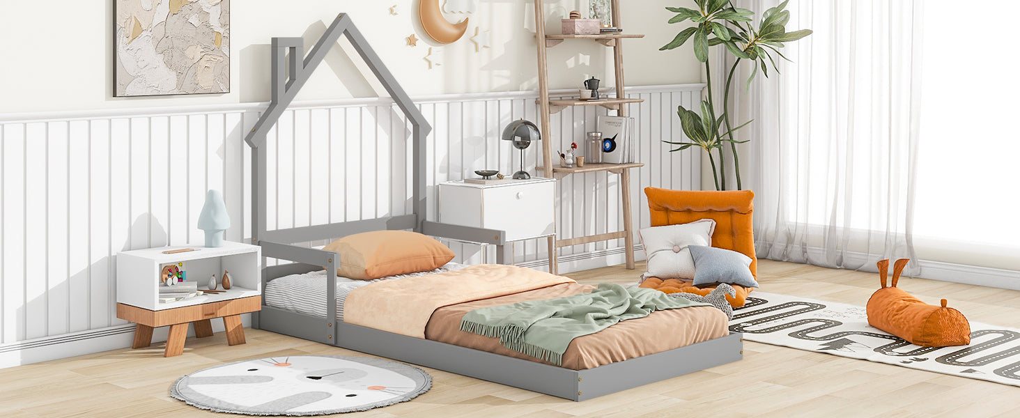 Gray Twin House-Shaped Toddler Floor Bed with Handrails and Slats