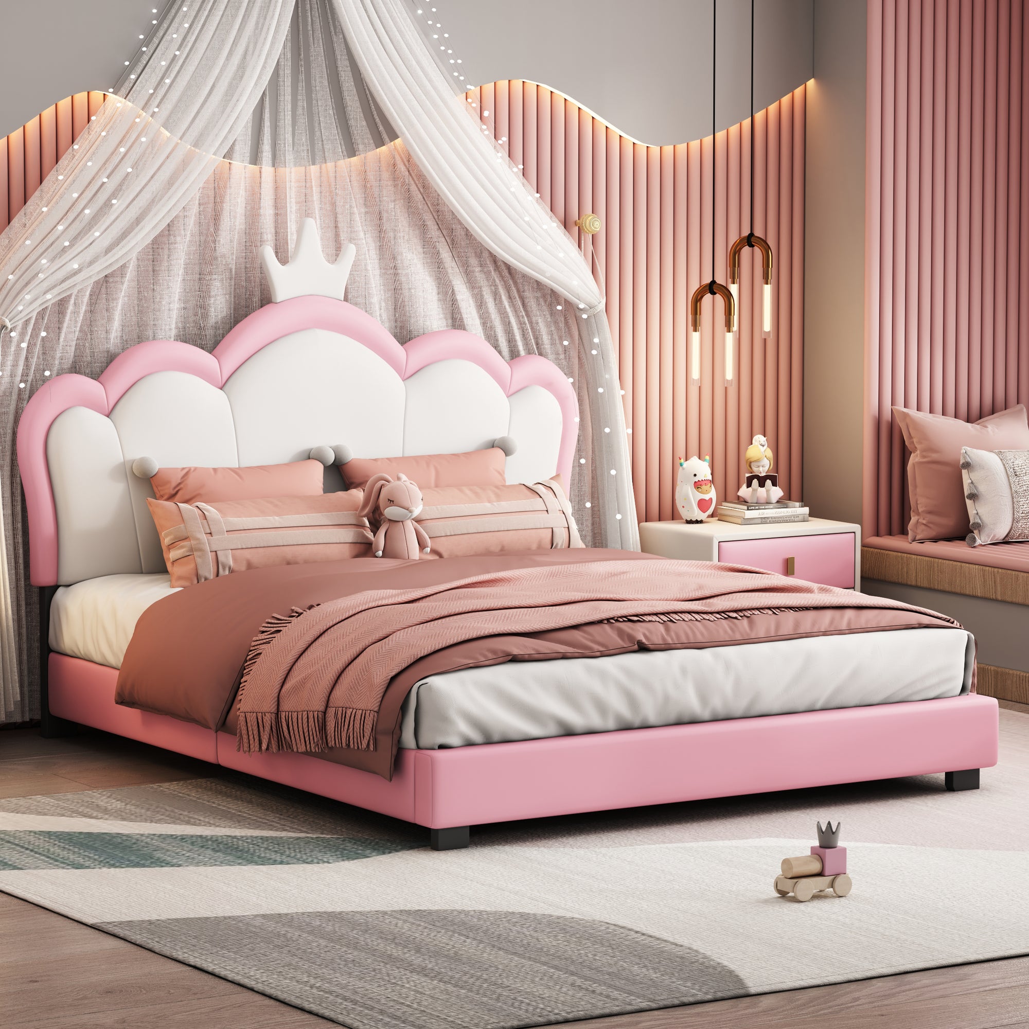 Full Size Upholstered Princess Bed With Crown Headboard Platform Style With Footboard In White and Pink