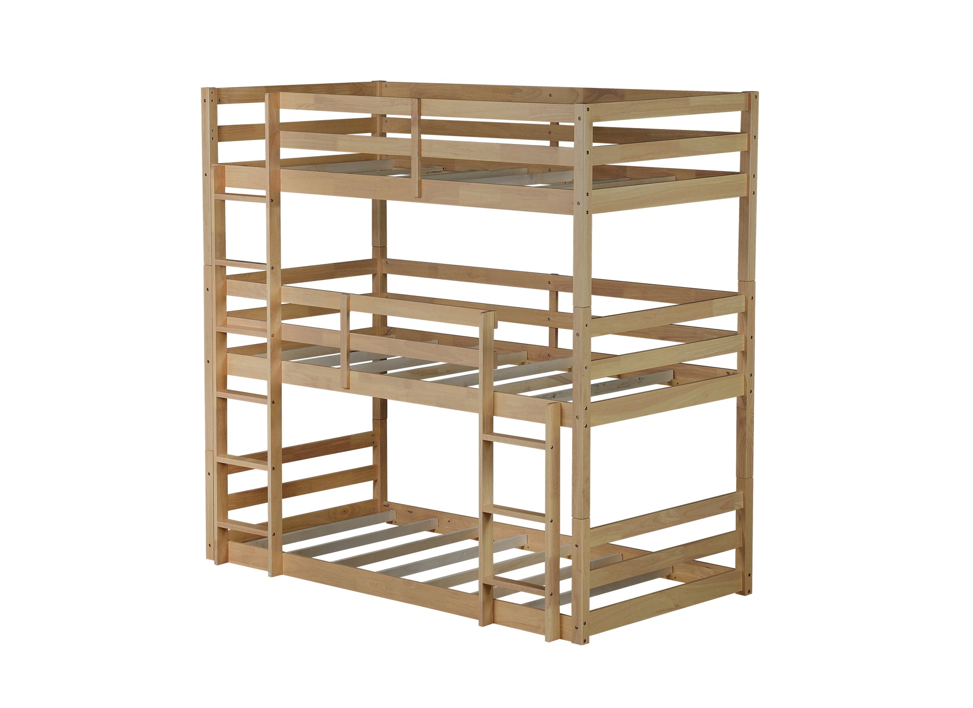 Triple Wood Bunk Bed with Two Built-in Ladders and Guardrails