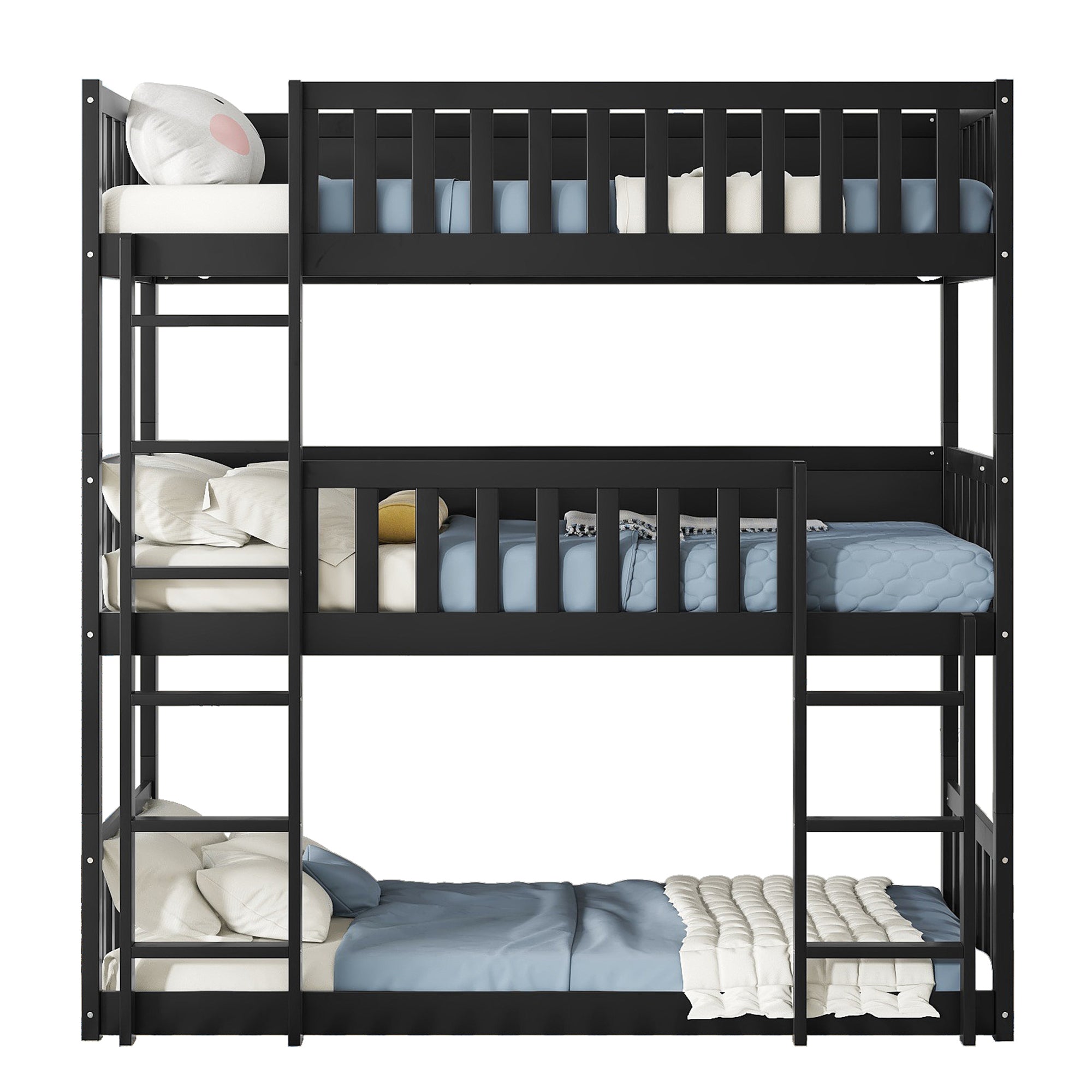 Black Twin Size Triple Rubber Wood Bunk Bed with Ladders and Detachable Design