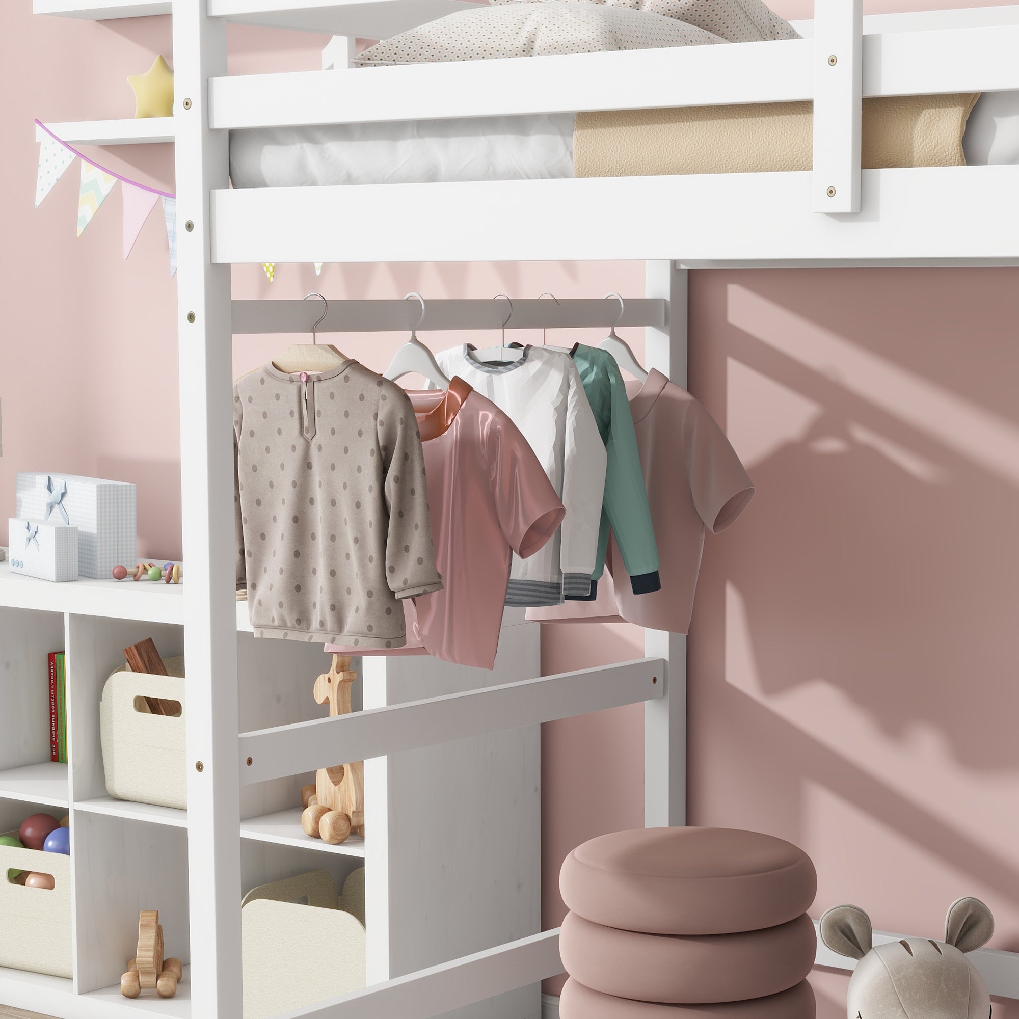 White Twin High Loft Bed with Ladder Landing Platform, Ladders, and Guardrails