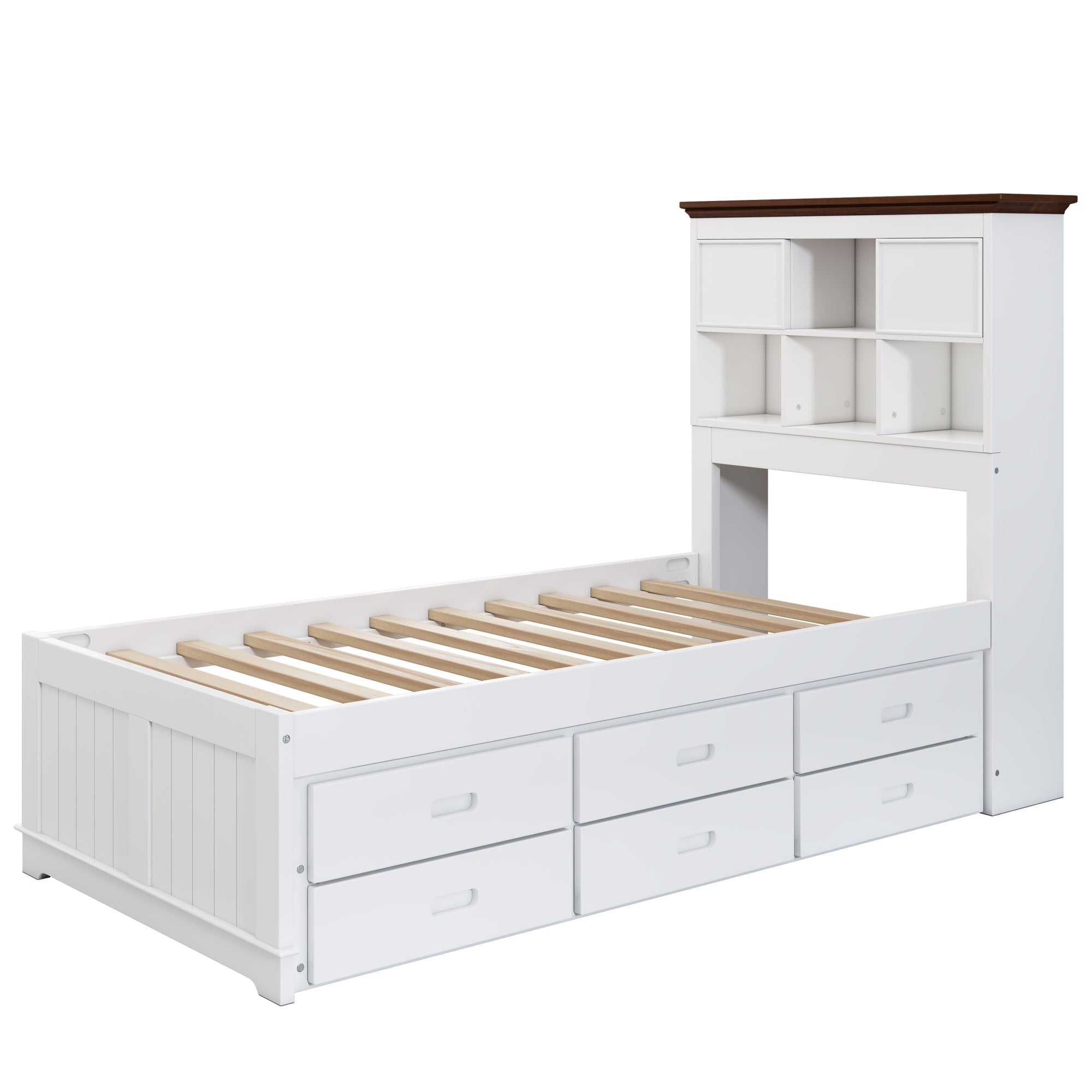 Solid Pine Wood Twin Bed with Trundle, Bookcase Headboard, and Storage Drawers