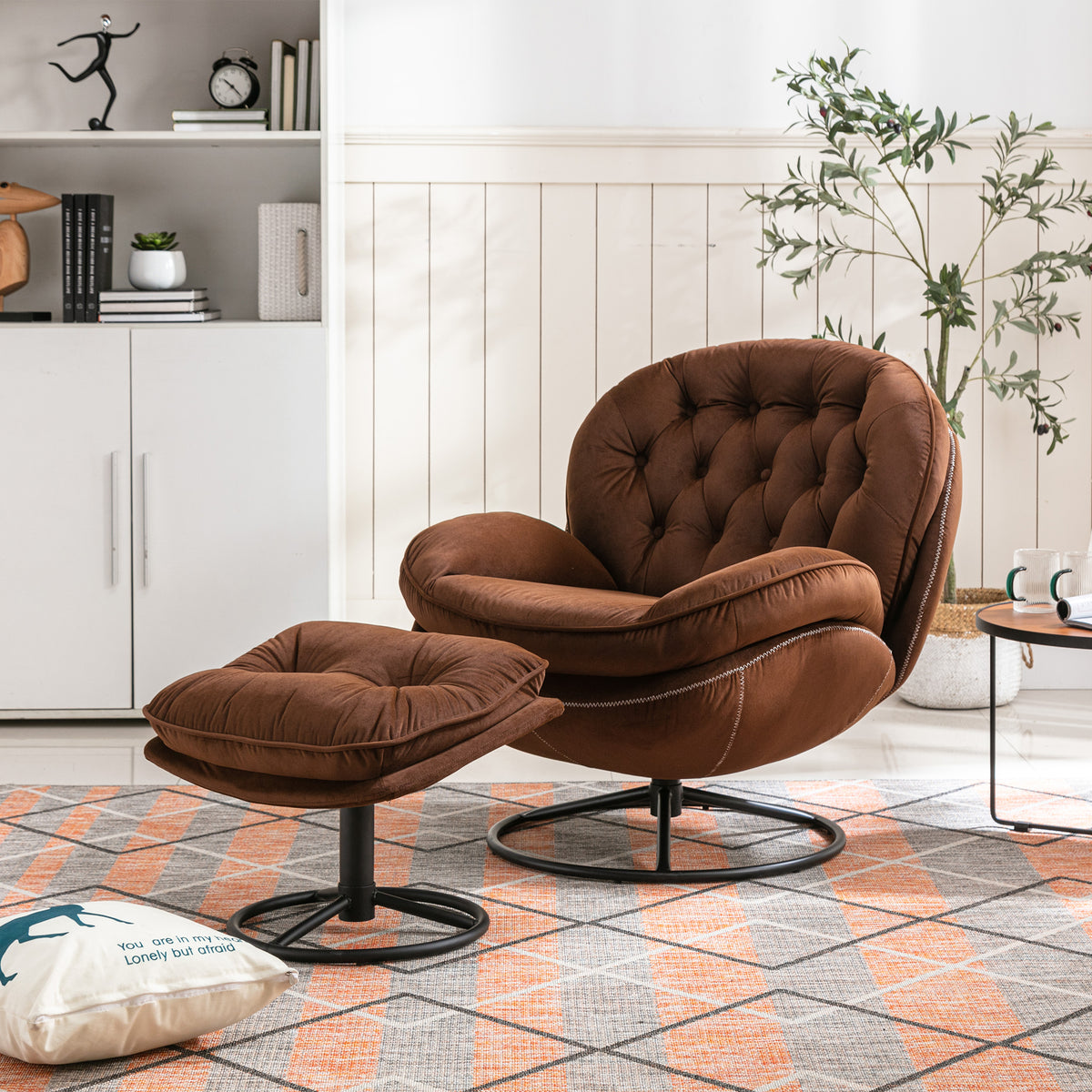 Brown Velvet Upholstered Chair with Ottoman