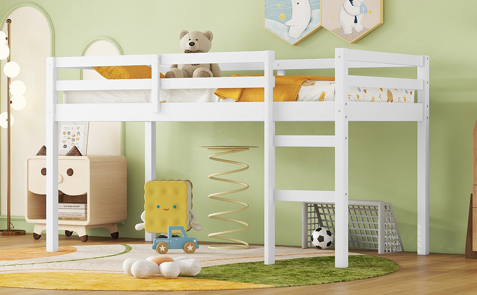 White Rubber Wood Frame Twin Loft Bed with Ladder and Storage Space