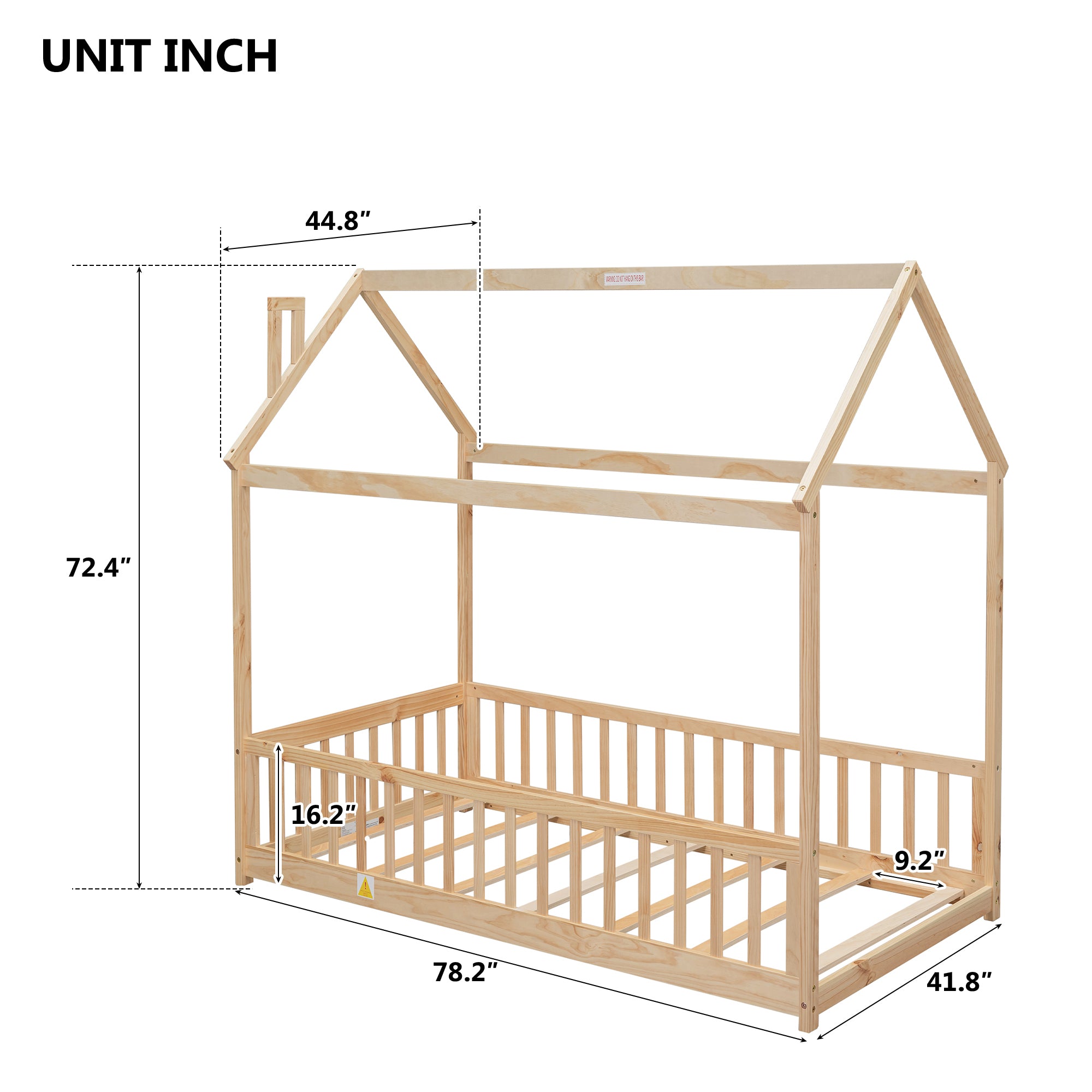 Natural Pine Frame Twin House Bed with Guardrails