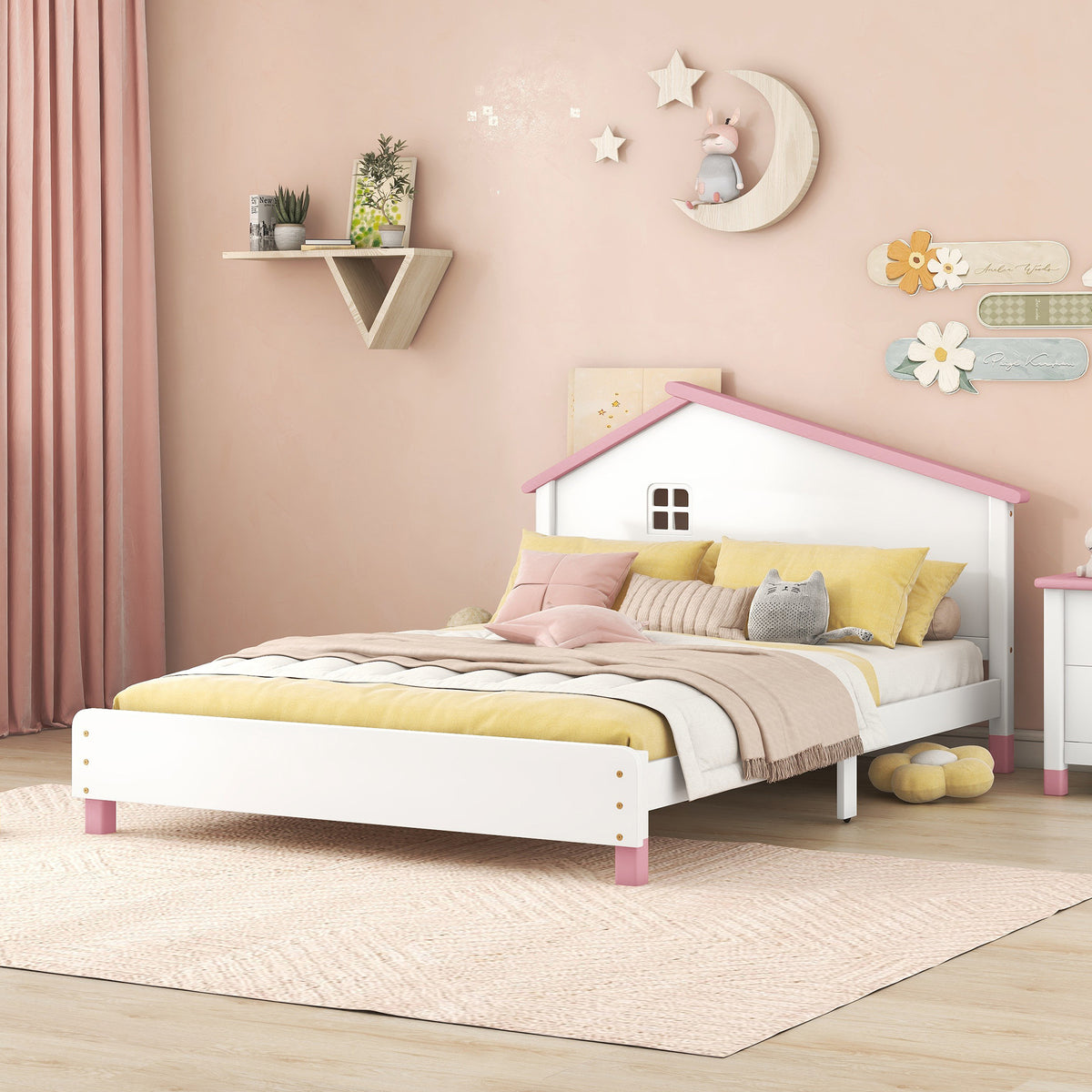 Full Size Wood Platform Bed with House-shaped Headboard In White Pink