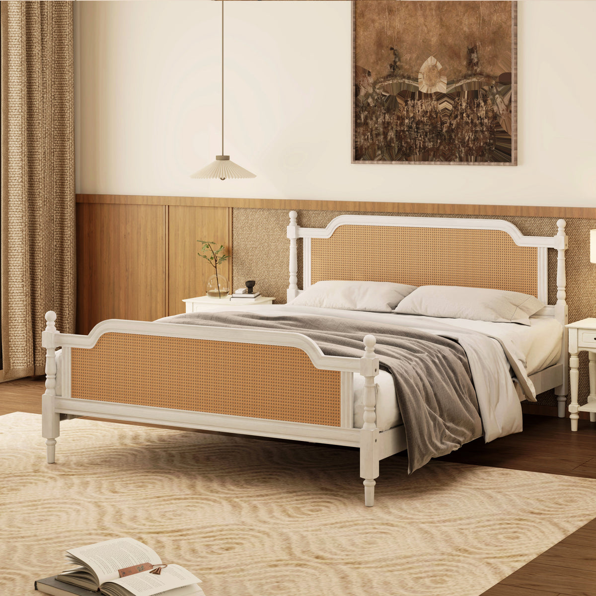 King Size Rattan-Style Traditional Bed Frame in Antique White