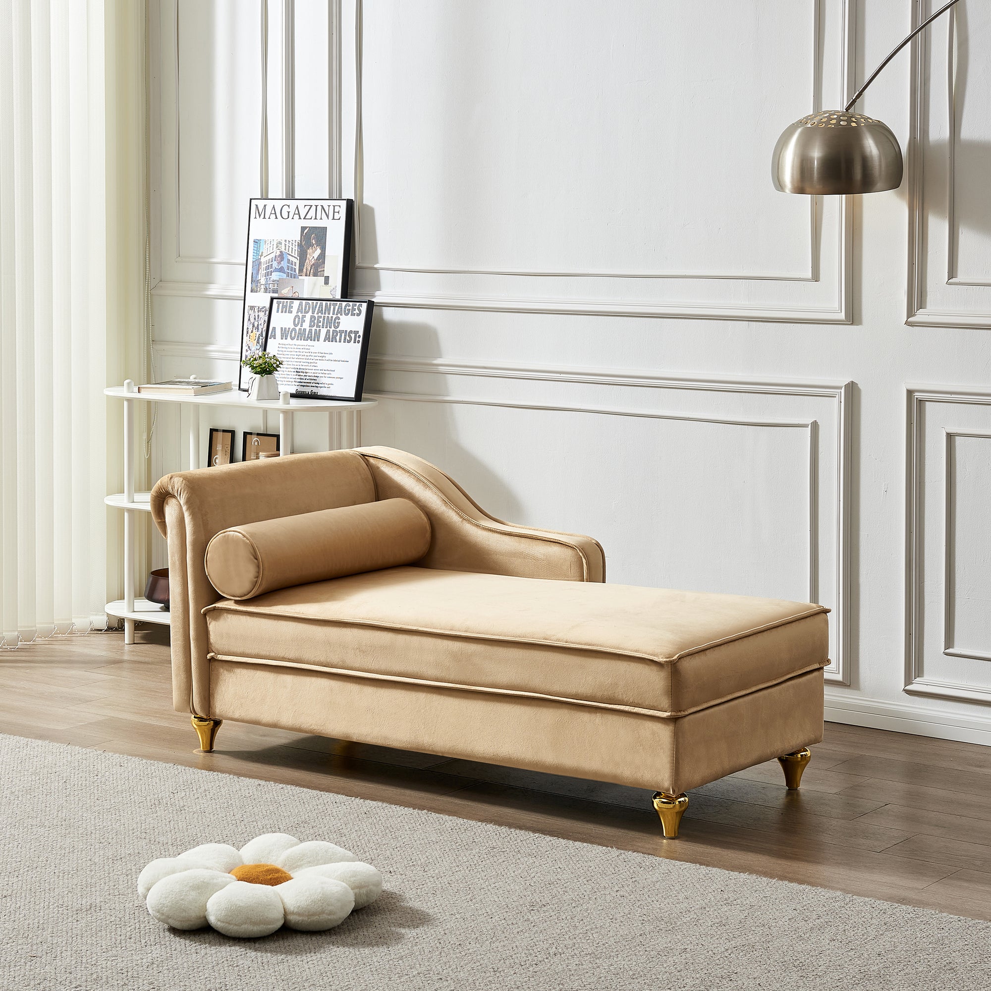 Khaki Velvet Chaise Lounge With Storage Compartment