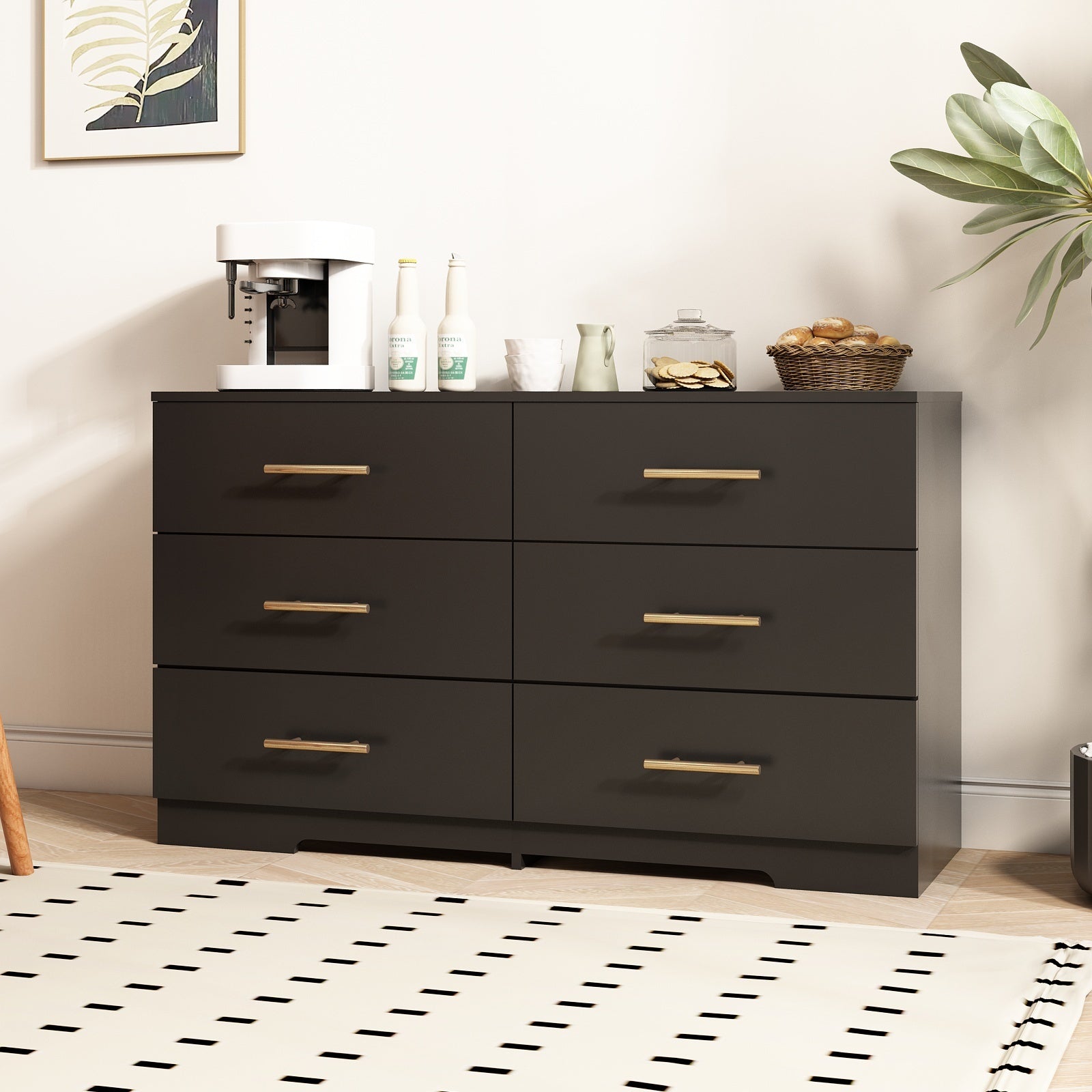 Large 6 Drawer Chest Of Drawers Dresser Table With Golden Handle In Black Color