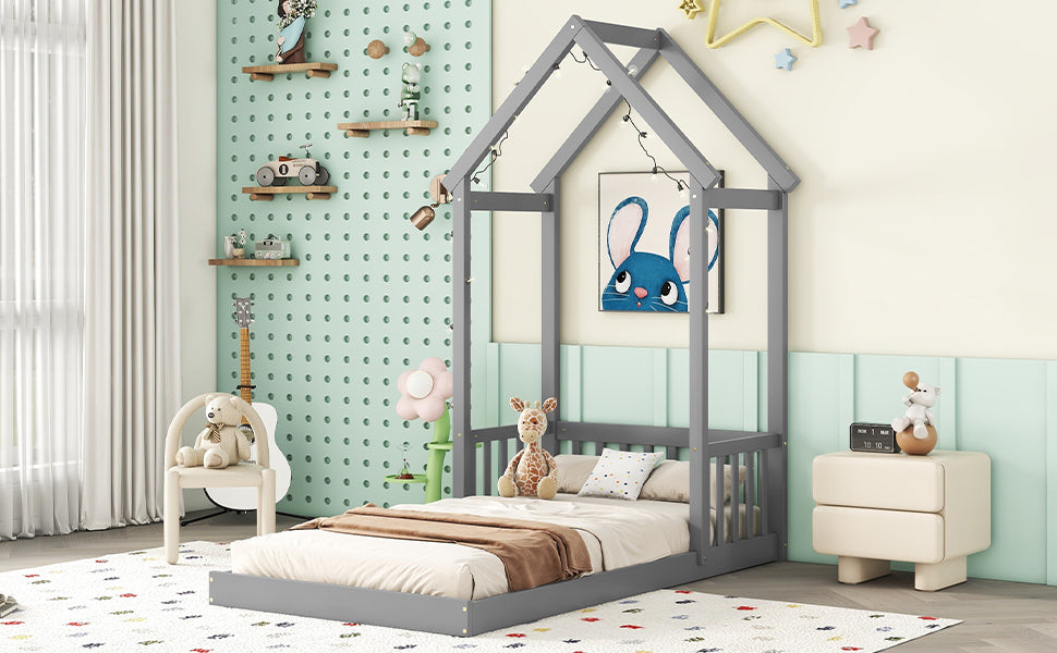 Gray Twin House-Shaped Roof Headboard Toddler Floor Bed