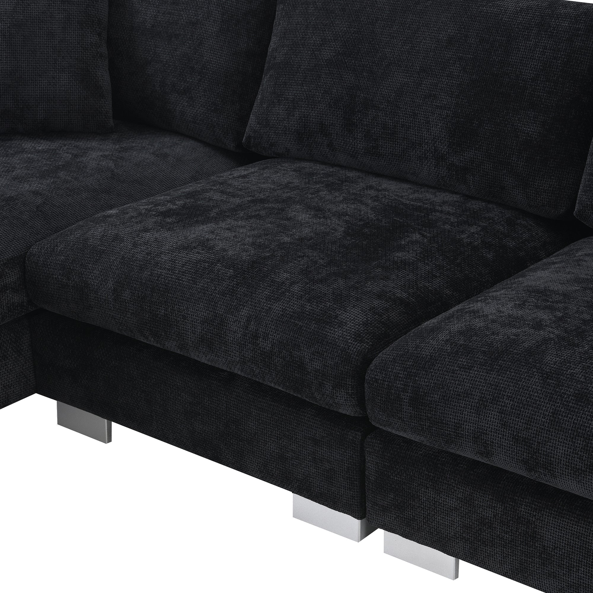 Black Chenille L-Shaped Sectional Sofa with Chaise Lounge and Aluminum Legs