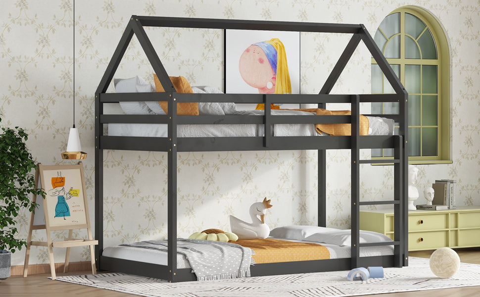 Black Twin Over Twin Rubber Wood Floor Bunk Bed