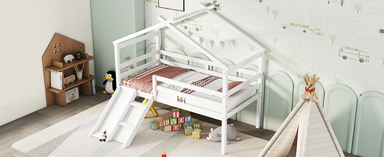 White Twin Low Loft House Bed with Slide and Ladder