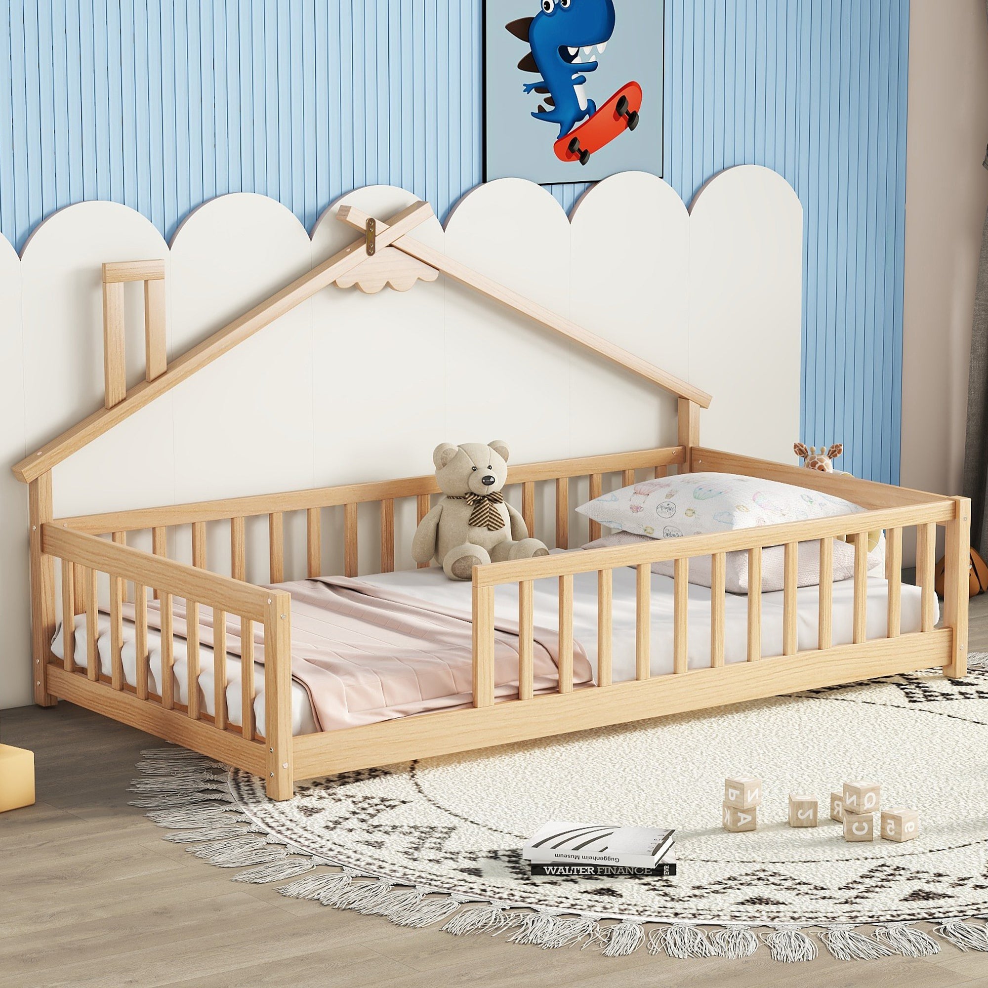 Twin House-Shaped Toddler Floor Bed with Guardrails and Fence in Natural Tones