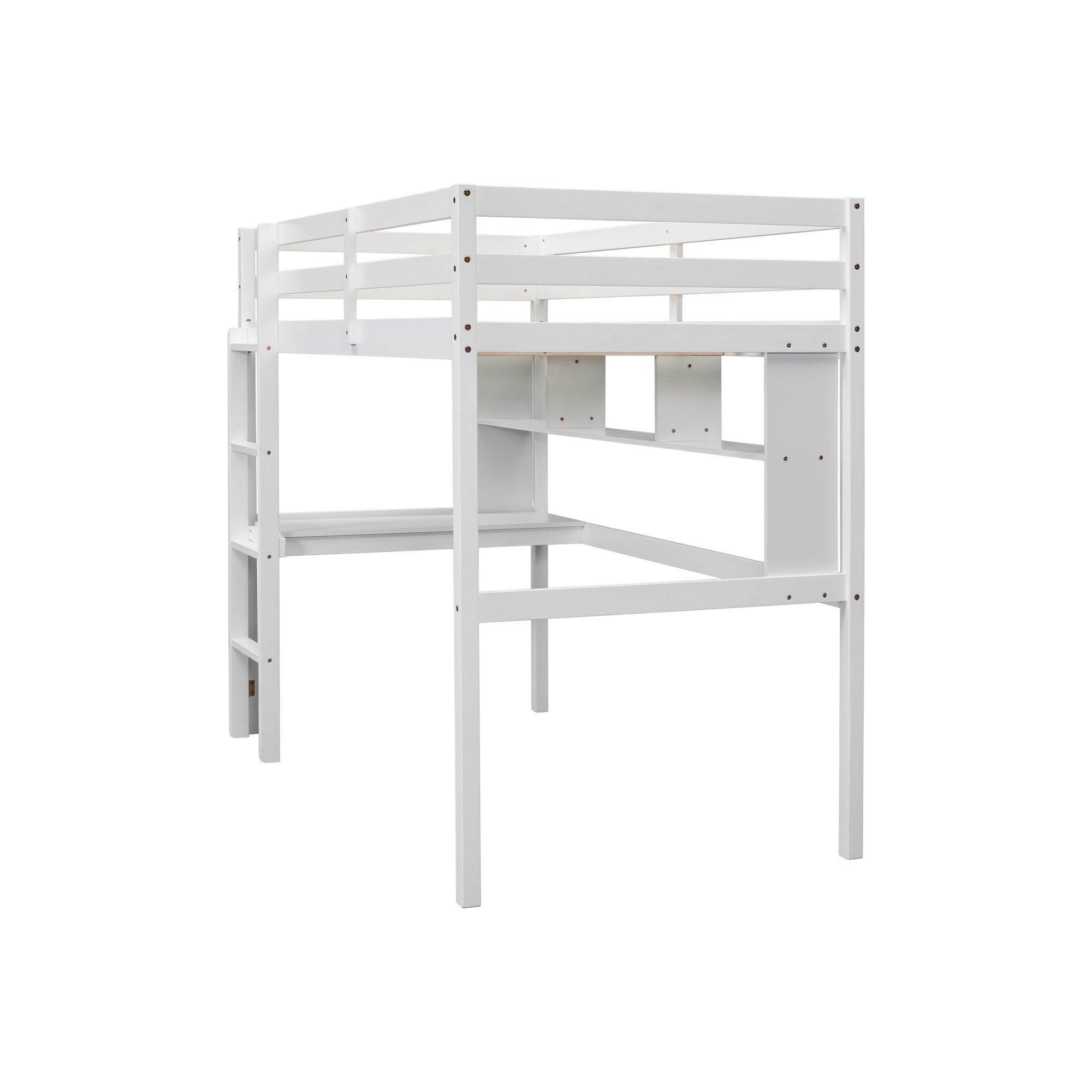 Twin Size Loft Bed For Kids with Desk, Shelves, Safety Guardrail & Ladder